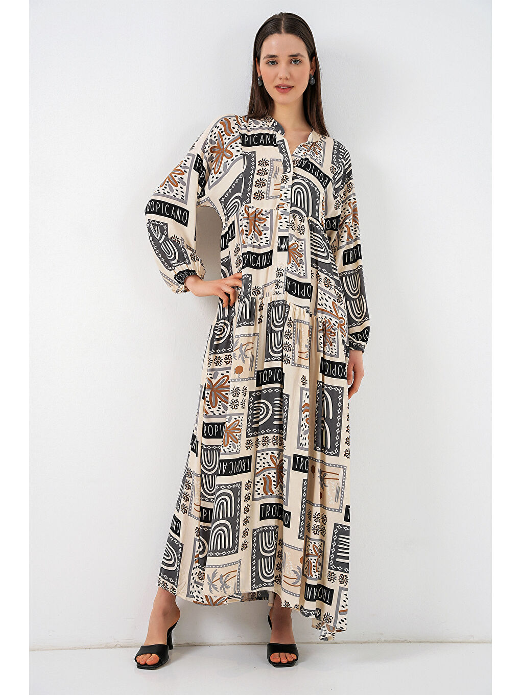 Kadın Desenli Uzun Tesettür Elbise 2585 - K. Bej-3