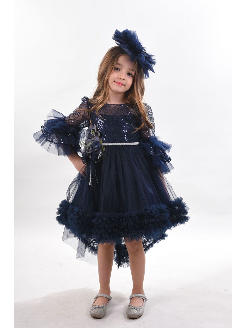 Lacivert Özel Tasarım Kız Çocuk Elbise, Doğum Günü Elbisesi, Arkası Kuyruklu Kız Çocuk Elbisesi_M2311-2