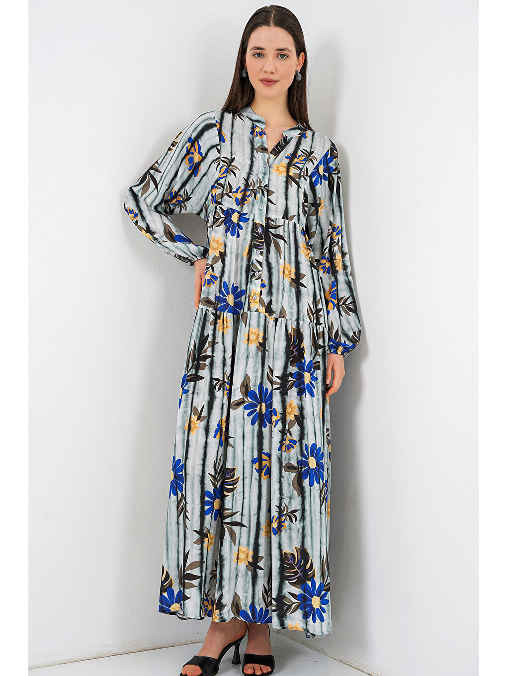 Kadın Desenli Uzun Tesettür Elbise 2585 - Koyu Gri