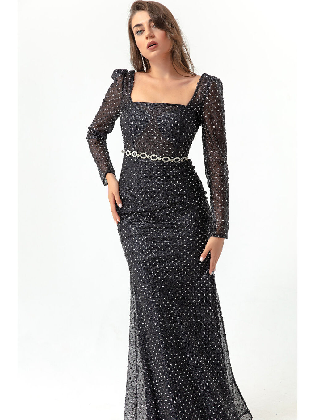 Kadın Siyah Kare Yaka Taşlı Kemerli Uzun Abiye Elbise-1