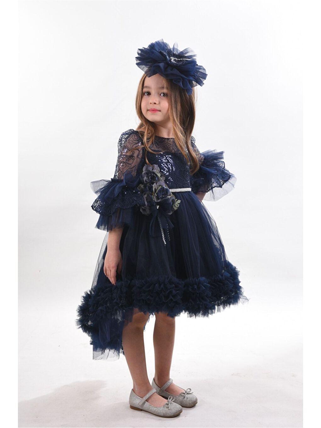 Lacivert Özel Tasarım Kız Çocuk Elbise, Doğum Günü Elbisesi, Arkası Kuyruklu Kız Çocuk Elbisesi_M2311-3