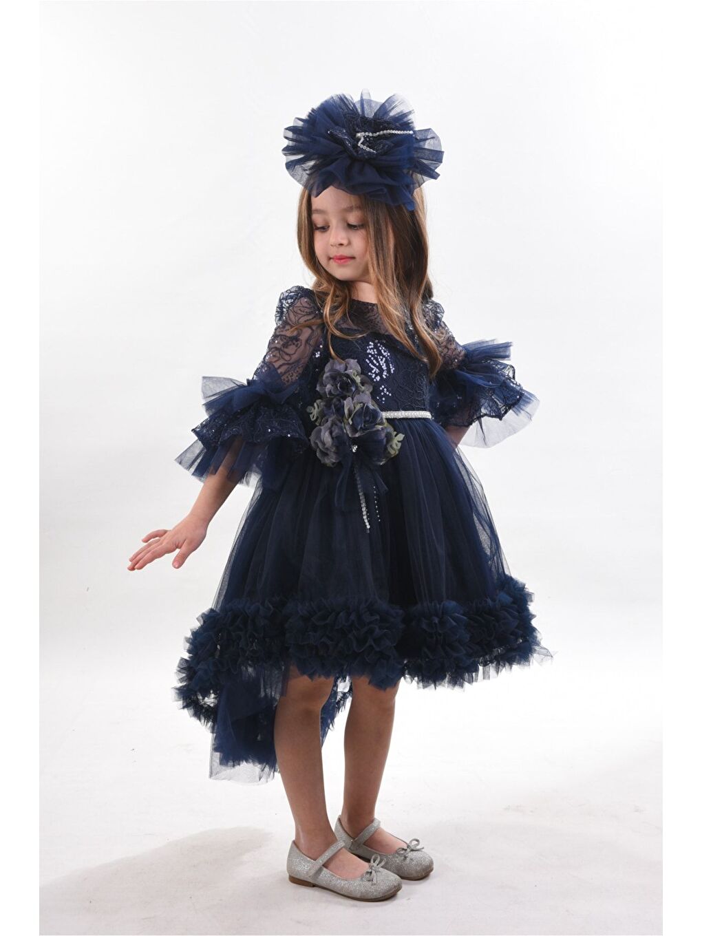 Lacivert Özel Tasarım Kız Çocuk Elbise, Doğum Günü Elbisesi, Arkası Kuyruklu Kız Çocuk Elbisesi_M2311-4