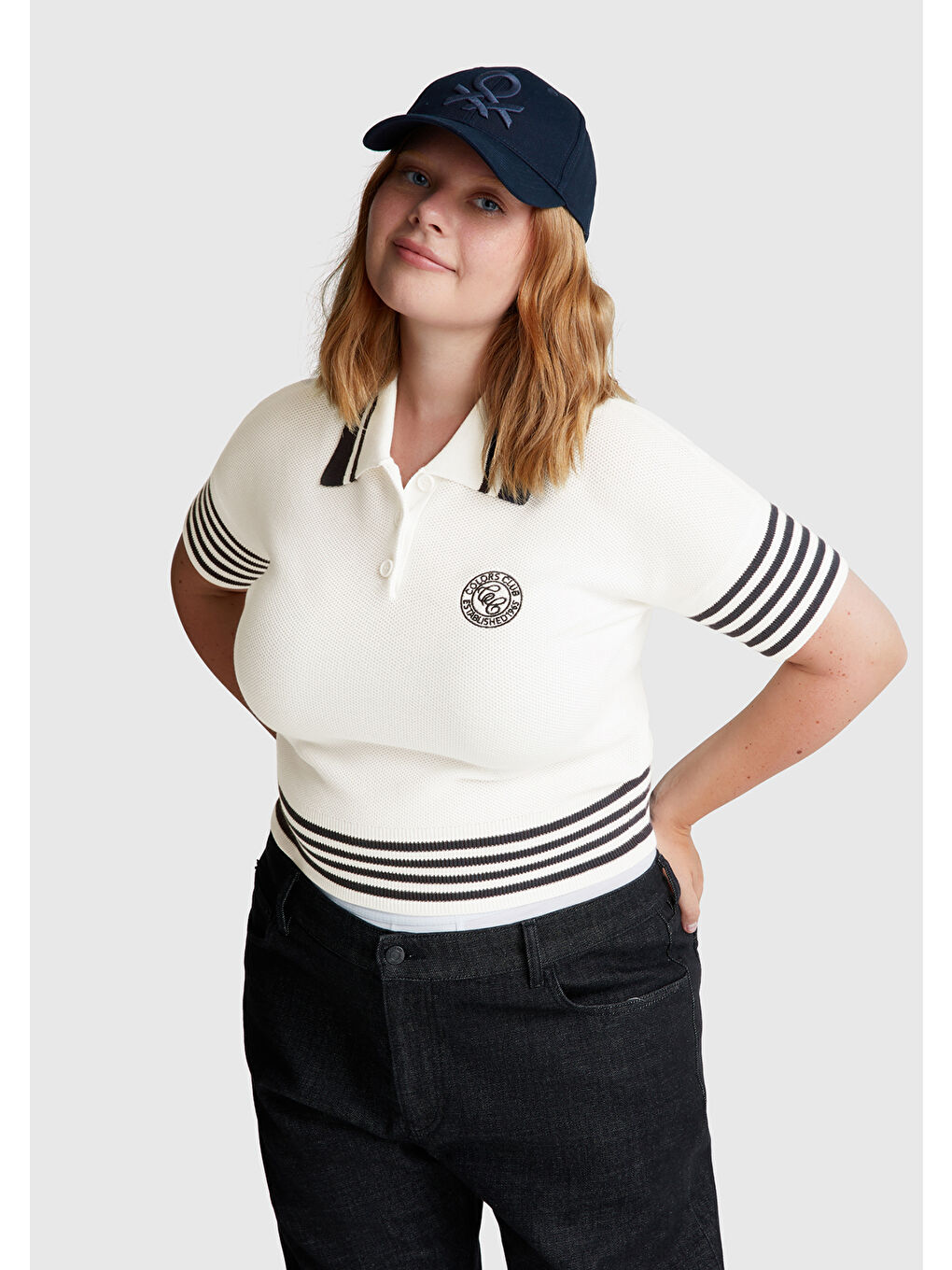 Ekru Kadın Krem %100 Pamuk Polo Yaka Kısa Kollu Kazak-7