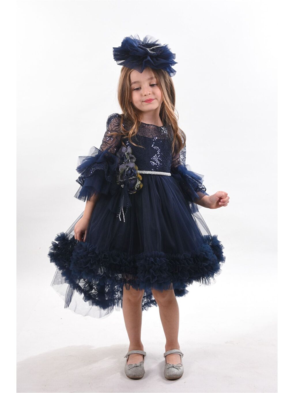 Lacivert Özel Tasarım Kız Çocuk Elbise, Doğum Günü Elbisesi, Arkası Kuyruklu Kız Çocuk Elbisesi_M2311-5