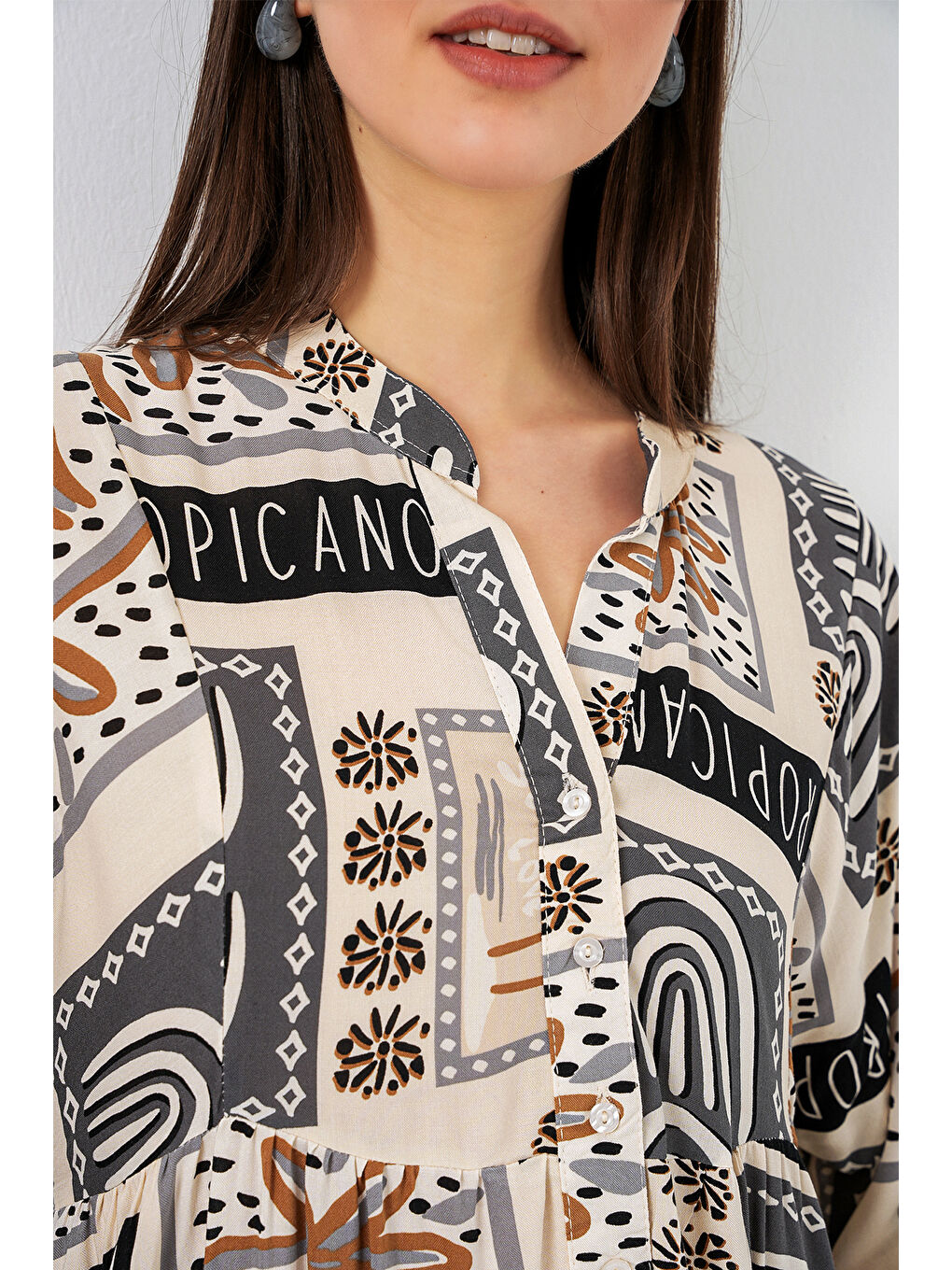 Kadın Desenli Uzun Tesettür Elbise 2585 - K. Bej-4