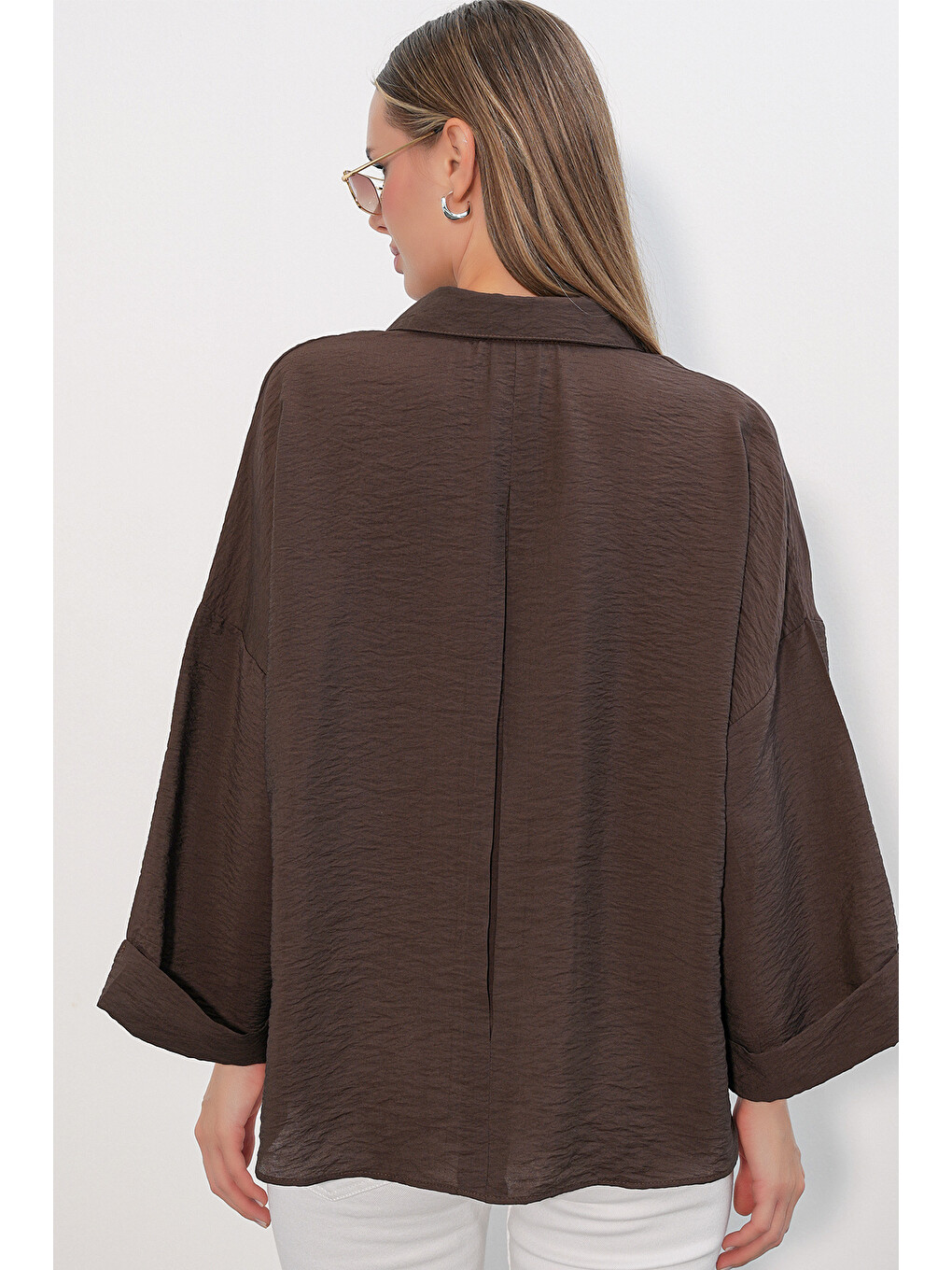Kadın Geniş Kol Oversize Gömlek 20401 - Kahverengi-5