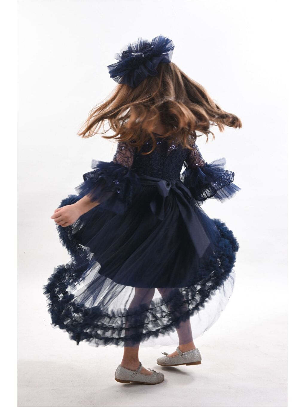 Lacivert Özel Tasarım Kız Çocuk Elbise, Doğum Günü Elbisesi, Arkası Kuyruklu Kız Çocuk Elbisesi_M2311-6