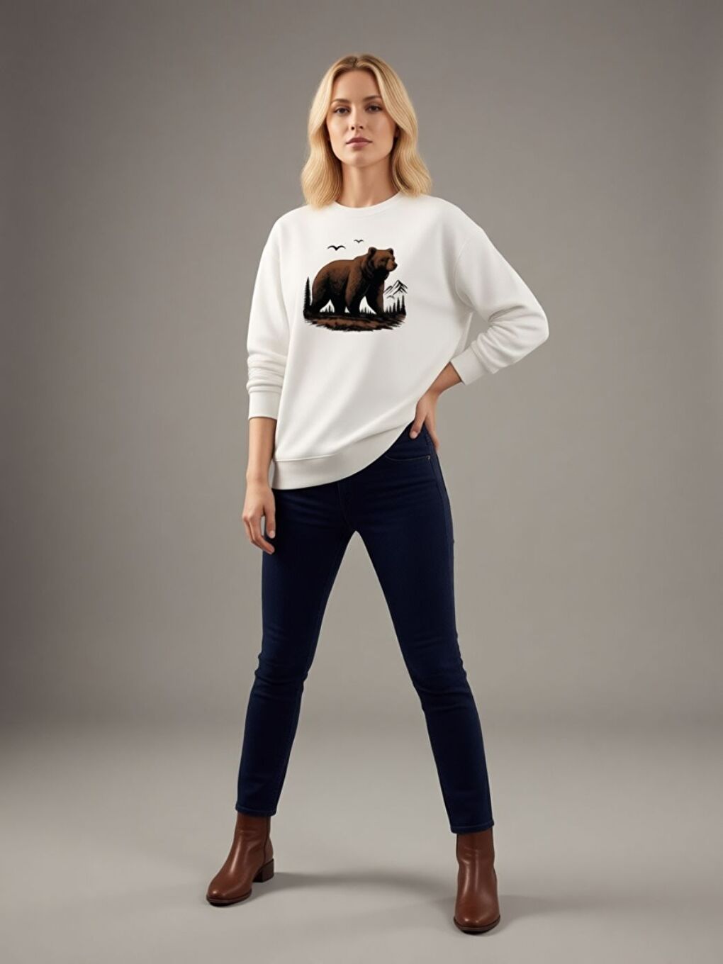 Kadın Beyaz Safari Bear Baskılı Bisiklet Yaka Sweatshirt
