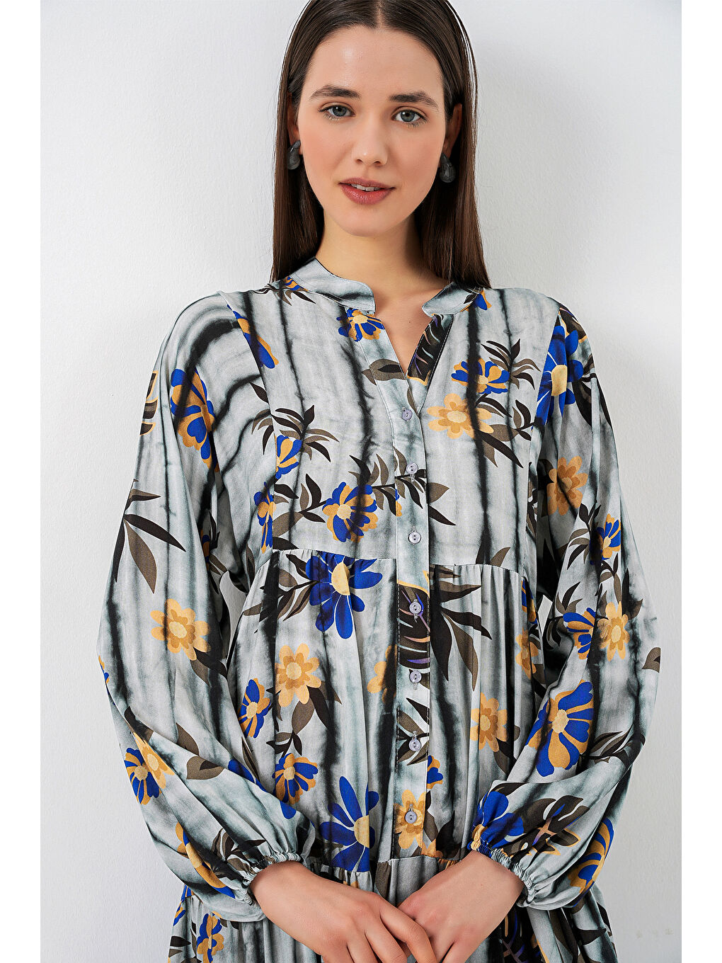 Kadın Desenli Uzun Tesettür Elbise 2585 - Koyu Gri-1