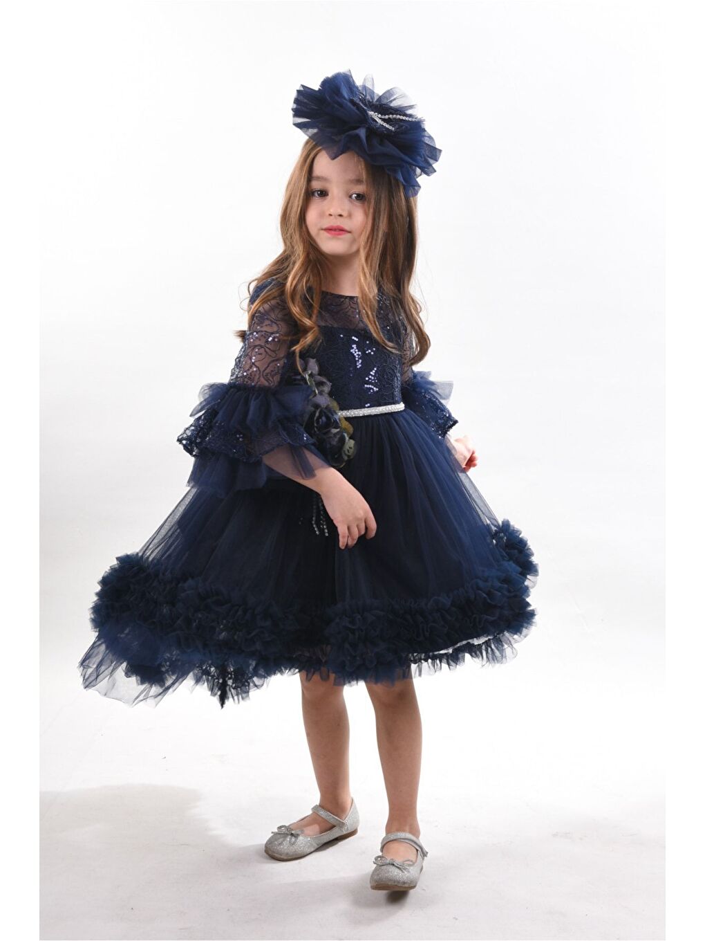 Lacivert Özel Tasarım Kız Çocuk Elbise, Doğum Günü Elbisesi, Arkası Kuyruklu Kız Çocuk Elbisesi_M2311-7