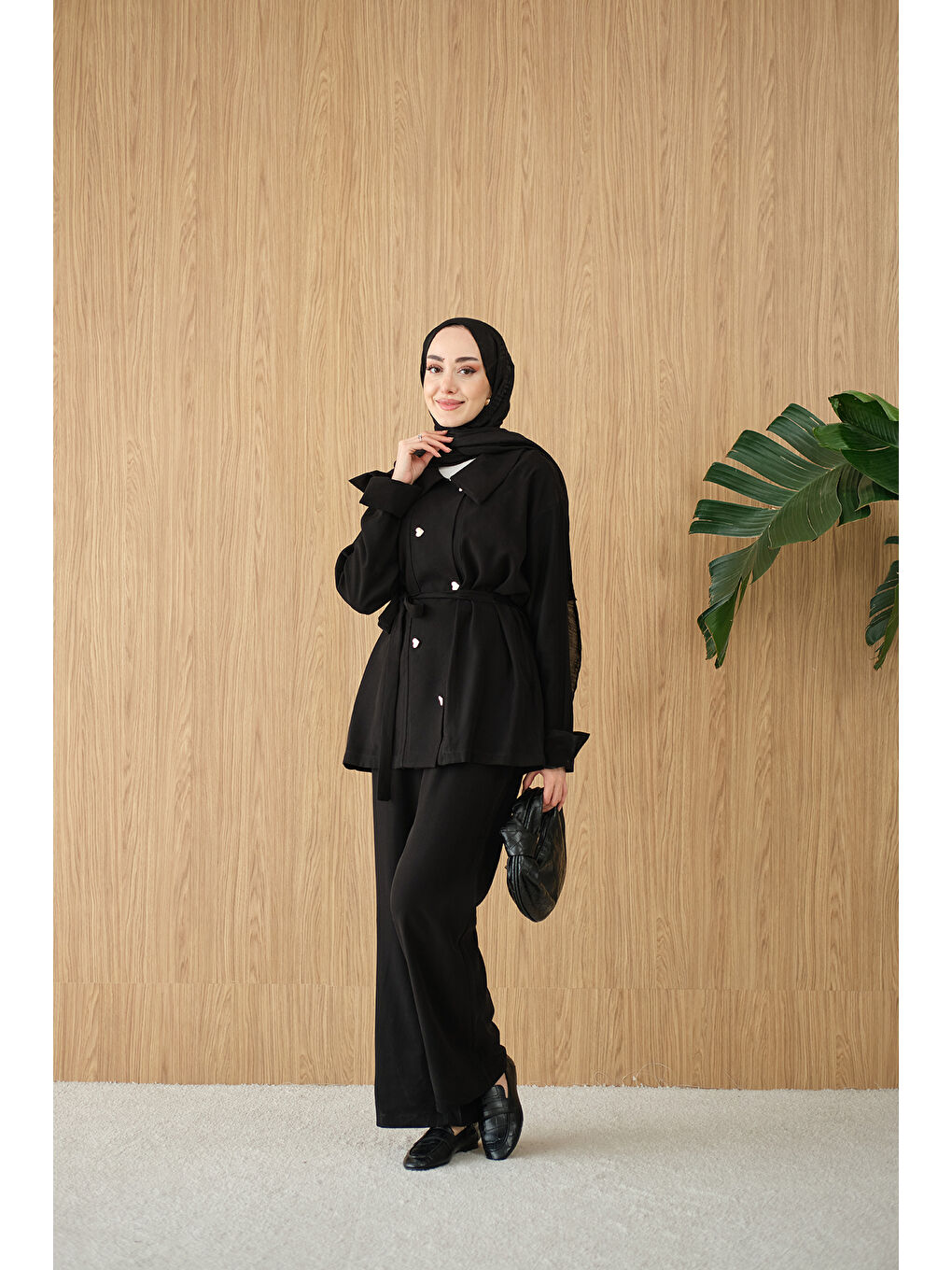 Kadın Kalp Düğme Kemer Detay Takım Siyah-3