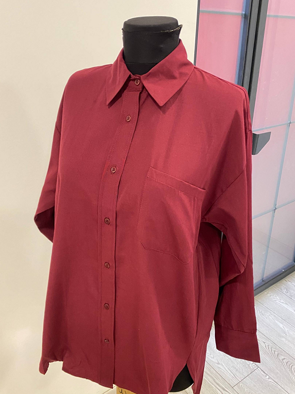 Bordo Oversize Arkası Uzun Önü Kısa Poplin Gömlek-2