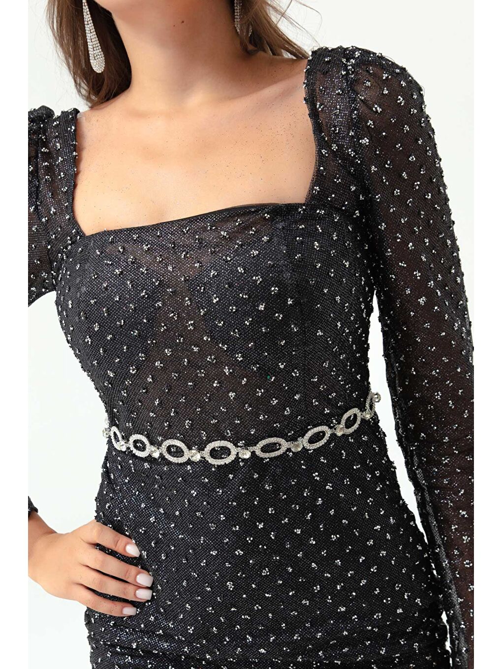 Kadın Siyah Kare Yaka Taşlı Kemerli Uzun Abiye Elbise-3