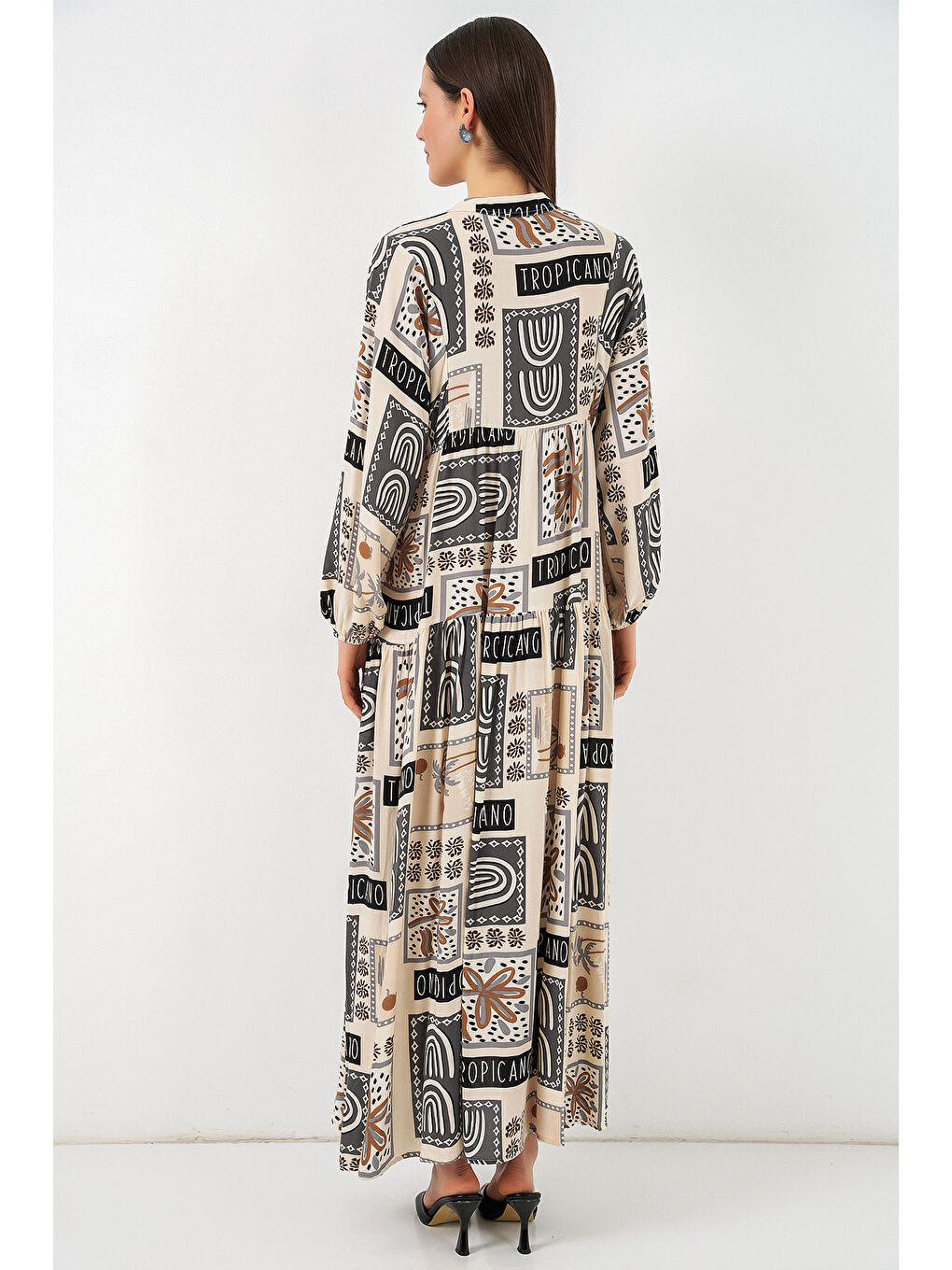 Kadın Desenli Uzun Tesettür Elbise 2585 - K. Bej-5