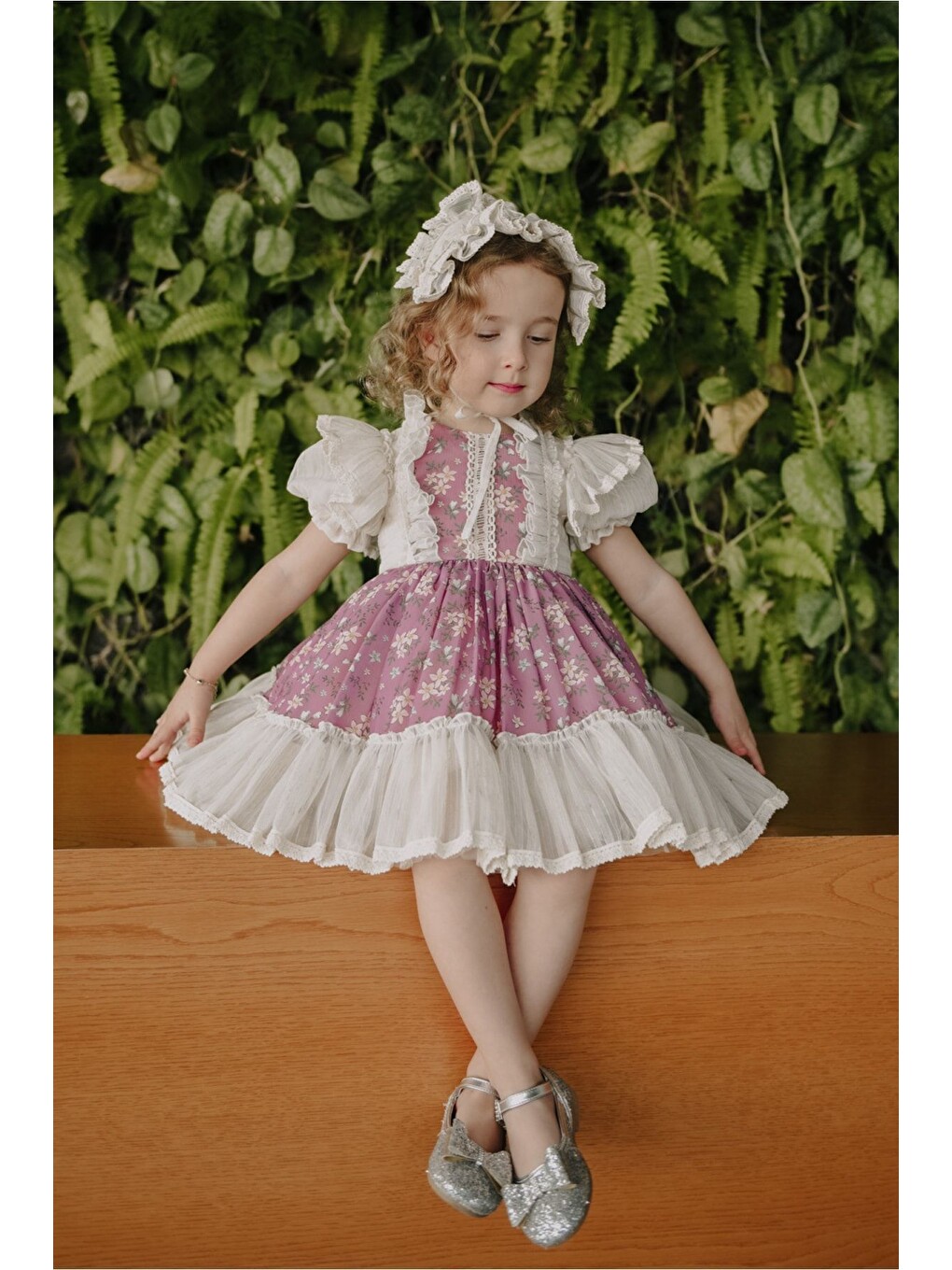 Pembe Özel Tasarım Kız Çocuk Vintage Elbise, Saç Aksesuarlı Kız Çocuk Abiye_m2314