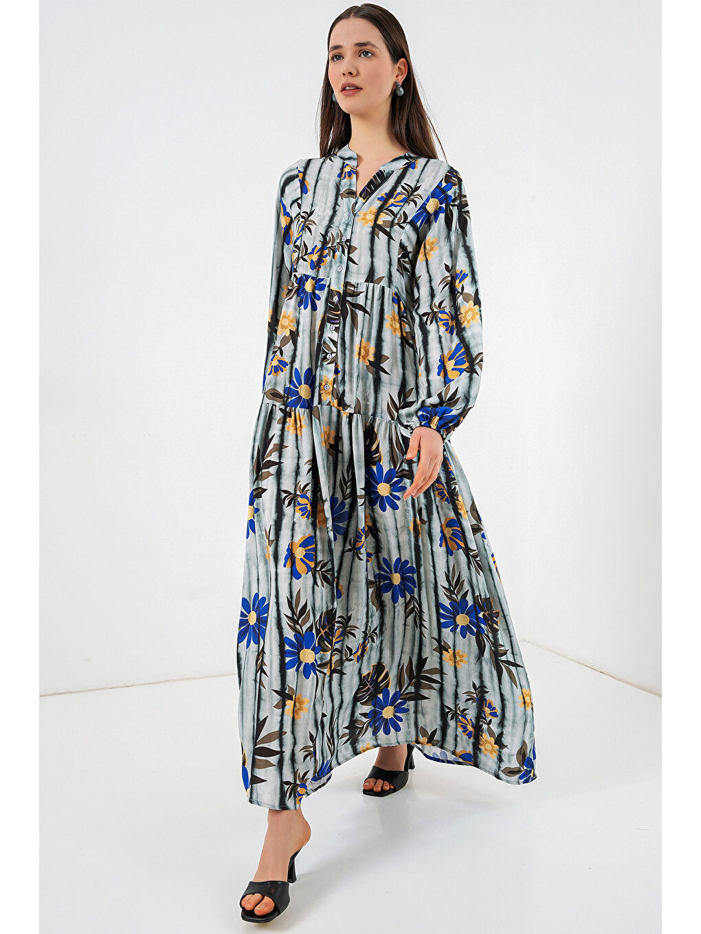 Kadın Desenli Uzun Tesettür Elbise 2585 - Koyu Gri-2