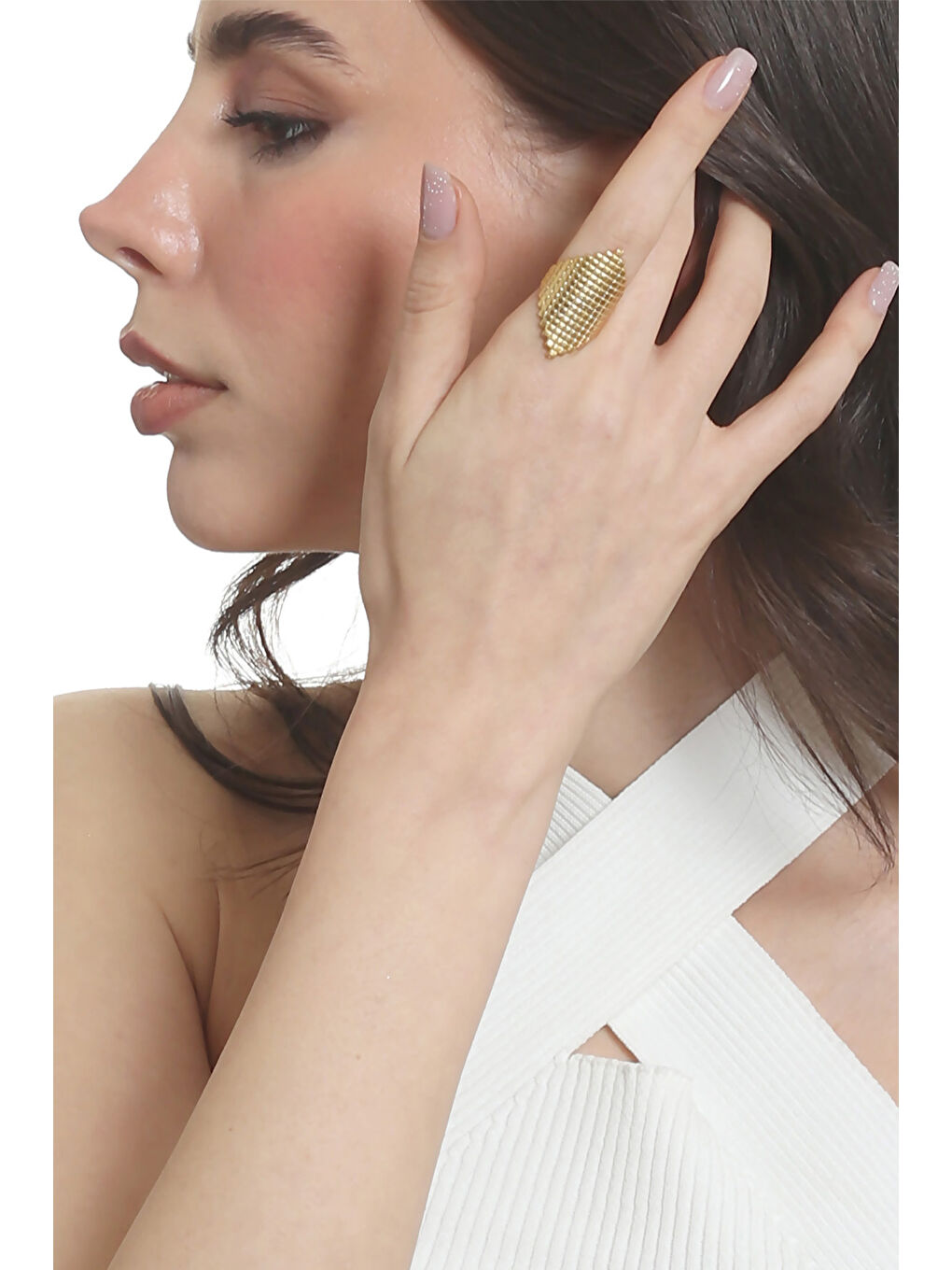 Sarı Kadın Lak Altın Renk Kaplama Ayarlanabilir Geometrik Yüzük-3