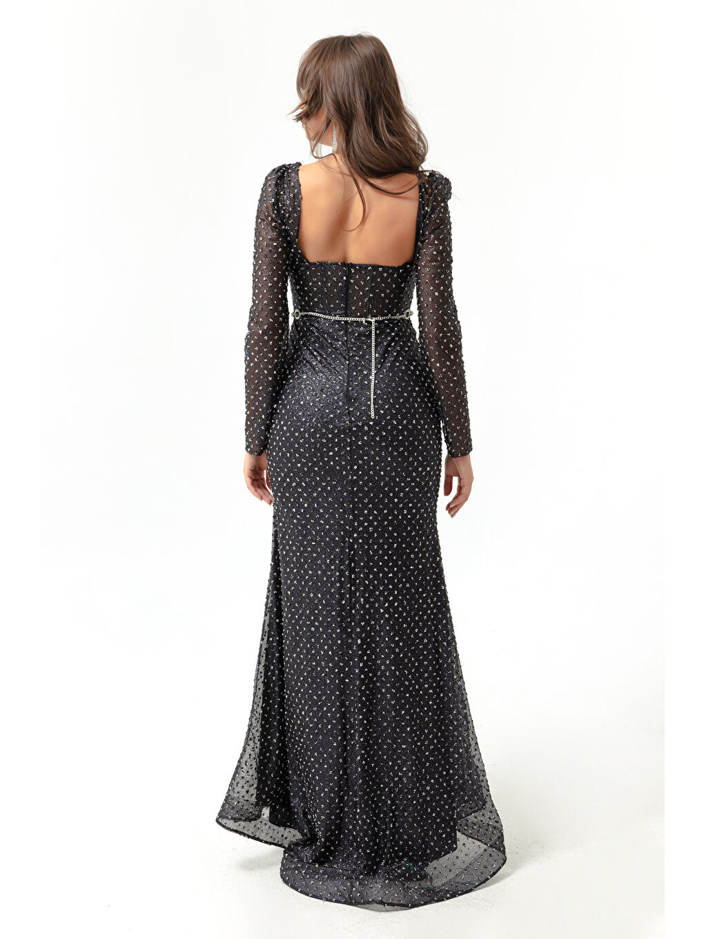 Kadın Siyah Kare Yaka Taşlı Kemerli Uzun Abiye Elbise-4
