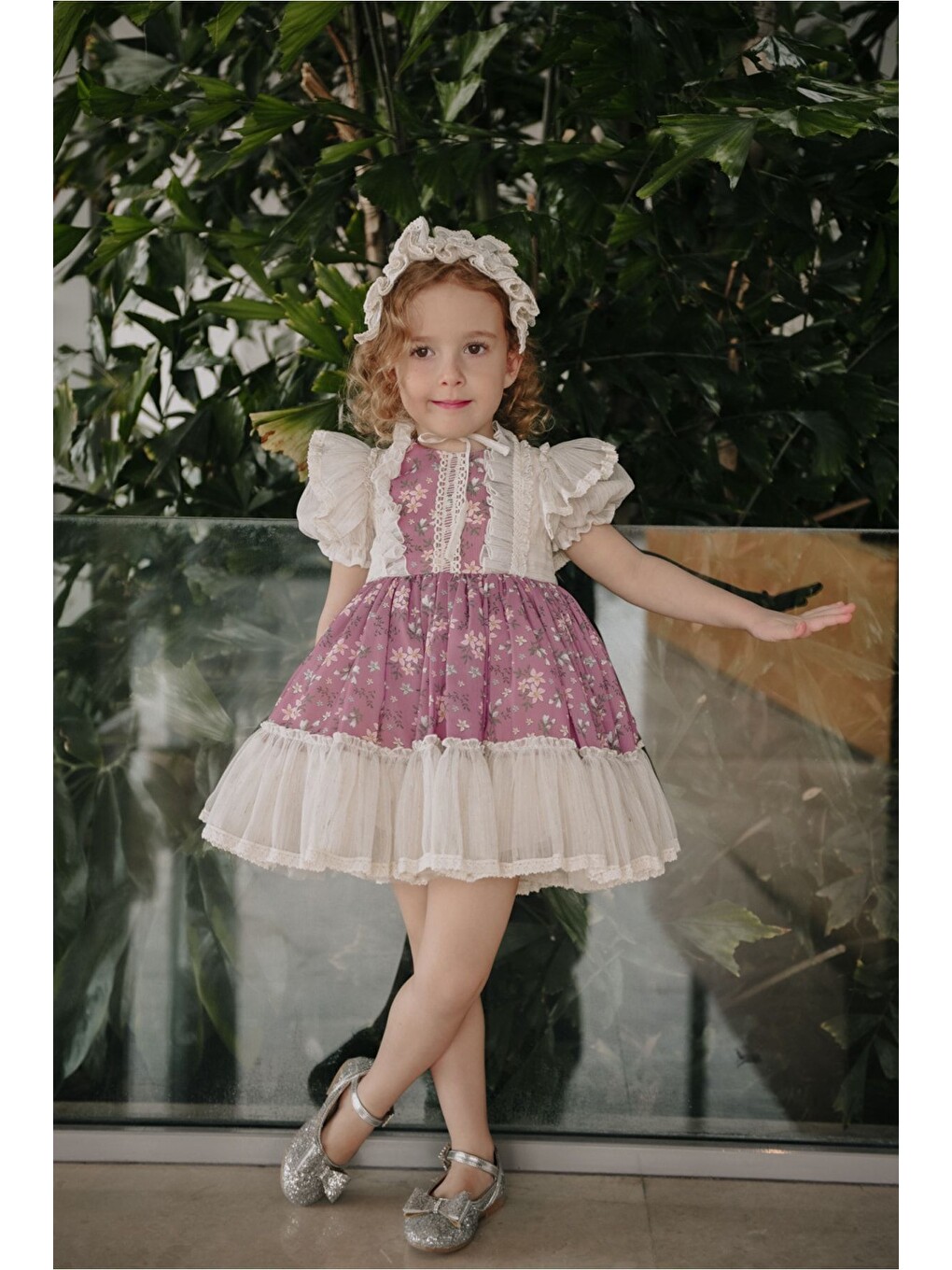 Pembe Özel Tasarım Kız Çocuk Vintage Elbise, Saç Aksesuarlı Kız Çocuk Abiye_m2314-7