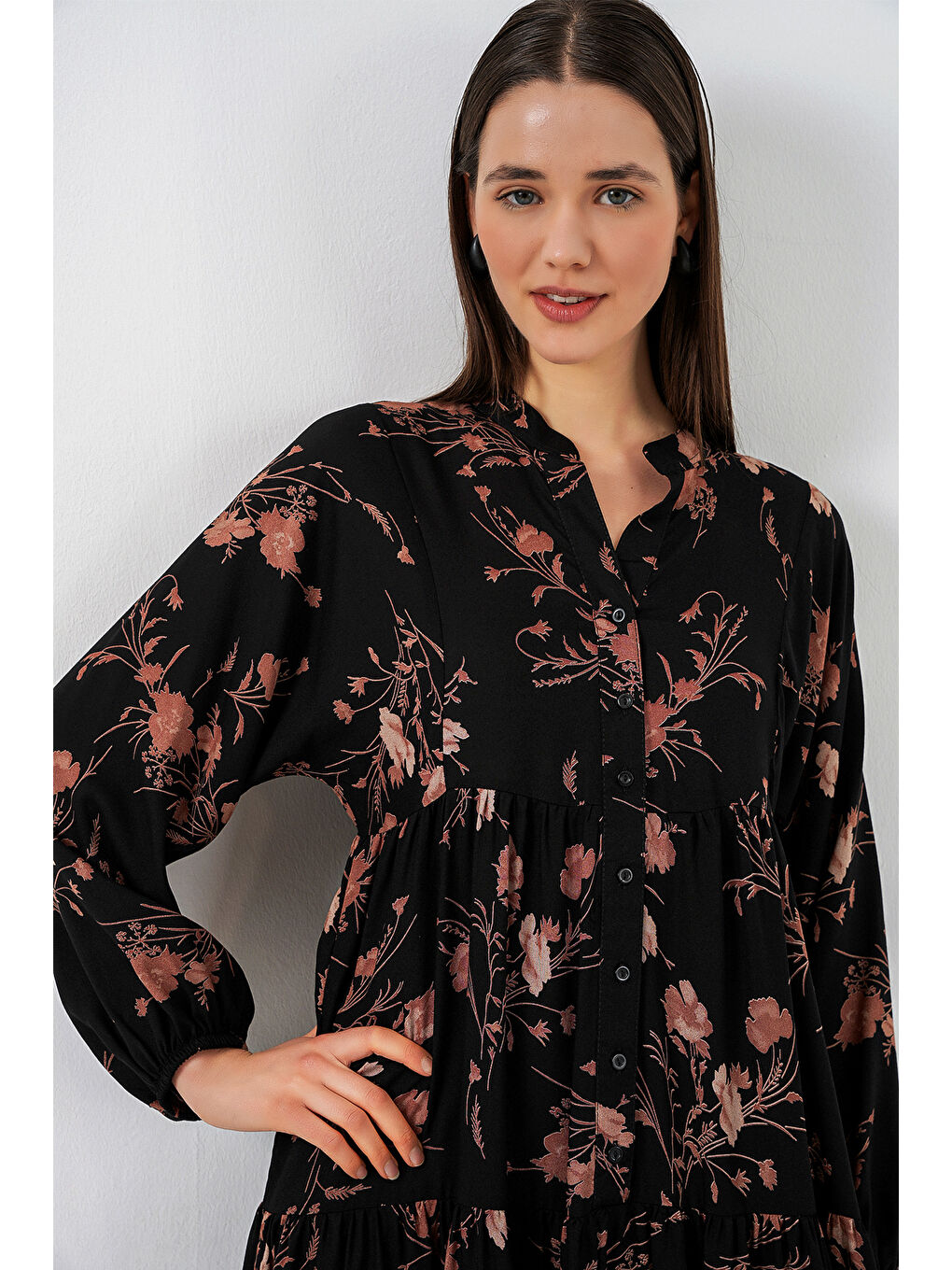 Kadın Desenli Uzun Tesettür Elbise 2585 - B. Siyah-1