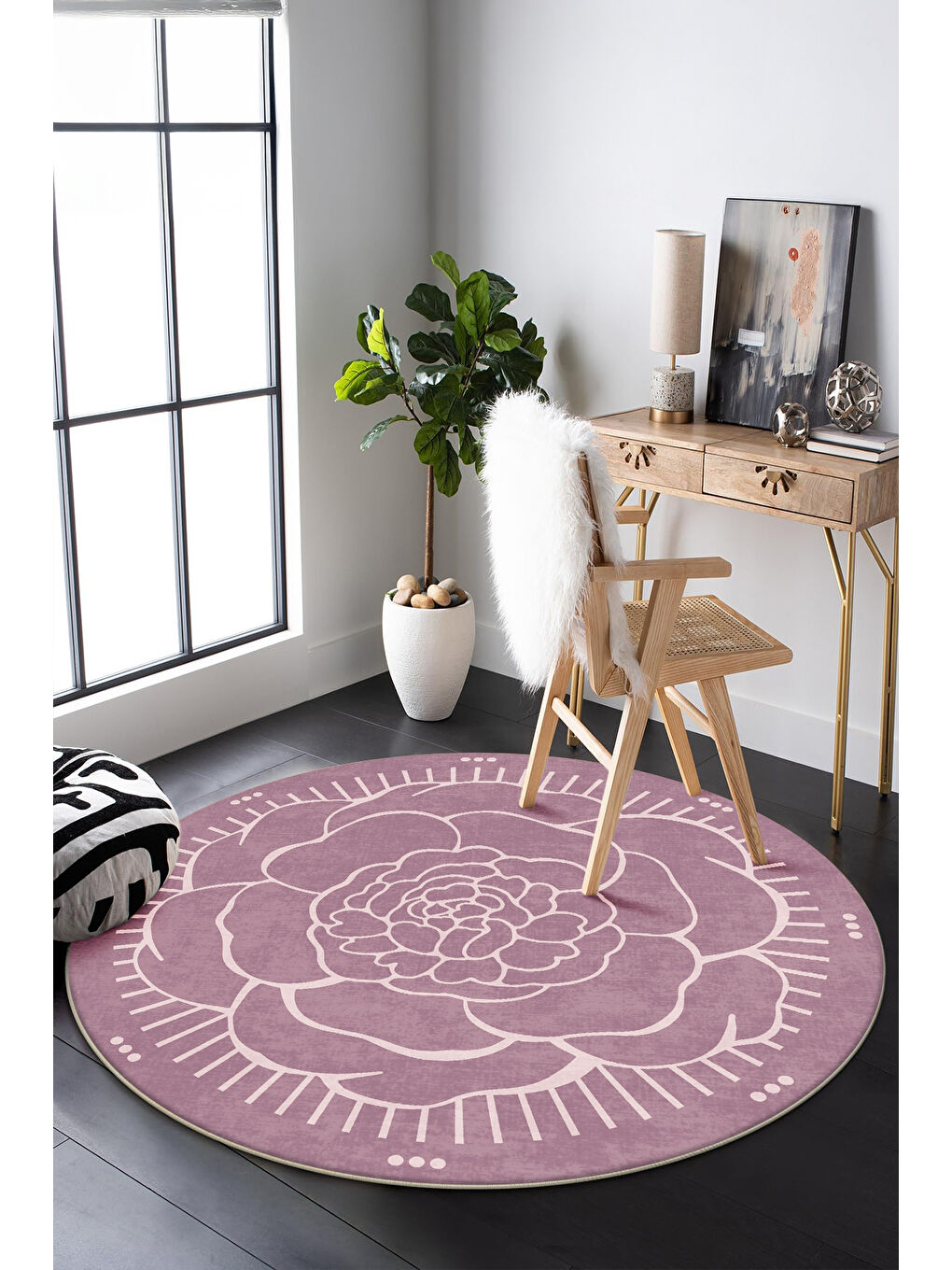Pembe Dekoratif Salon Halısı, Makinada Yıkanabilir, Kaymaz Taban, İnce & Modern Tasarım-3