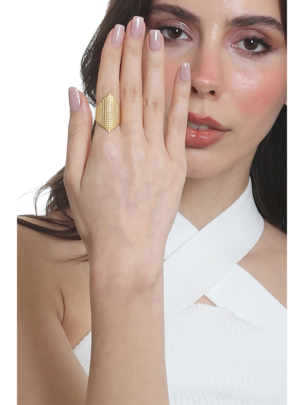 Sarı Kadın Lak Altın Renk Kaplama Ayarlanabilir Geometrik Yüzük-6