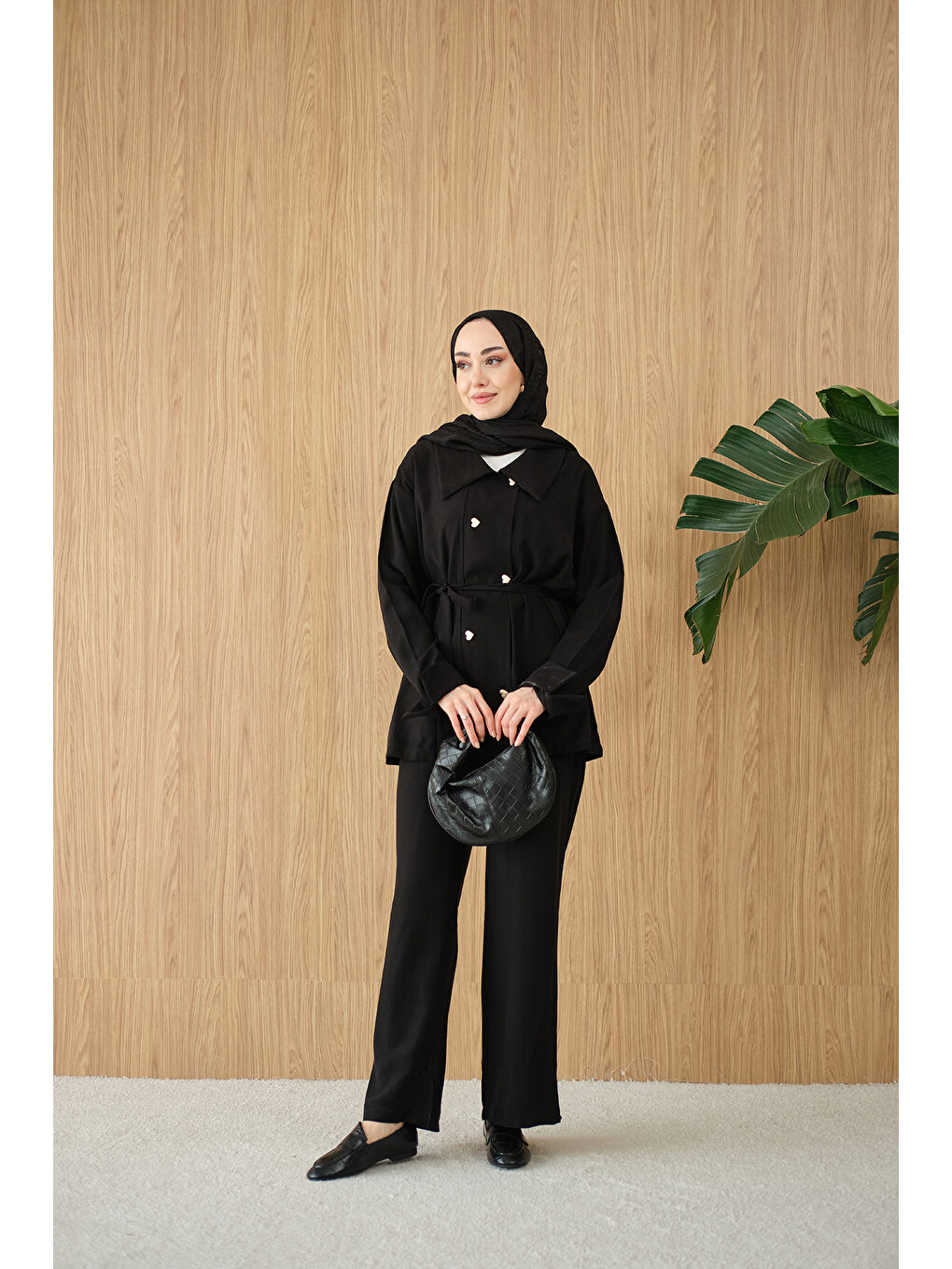 Kadın Kalp Düğme Kemer Detay Takım Siyah-4