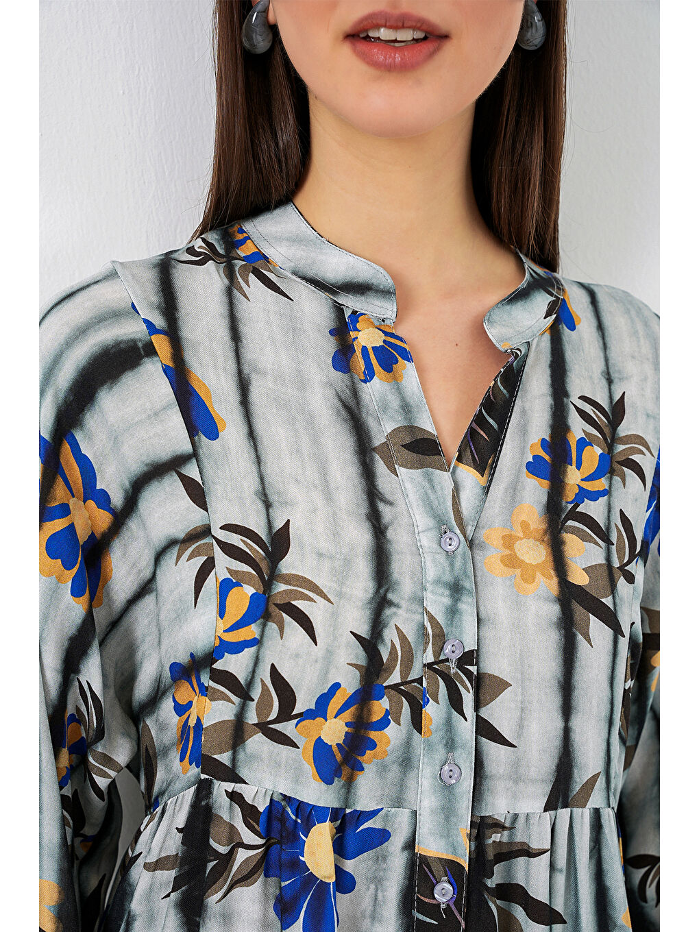 Kadın Desenli Uzun Tesettür Elbise 2585 - Koyu Gri-4