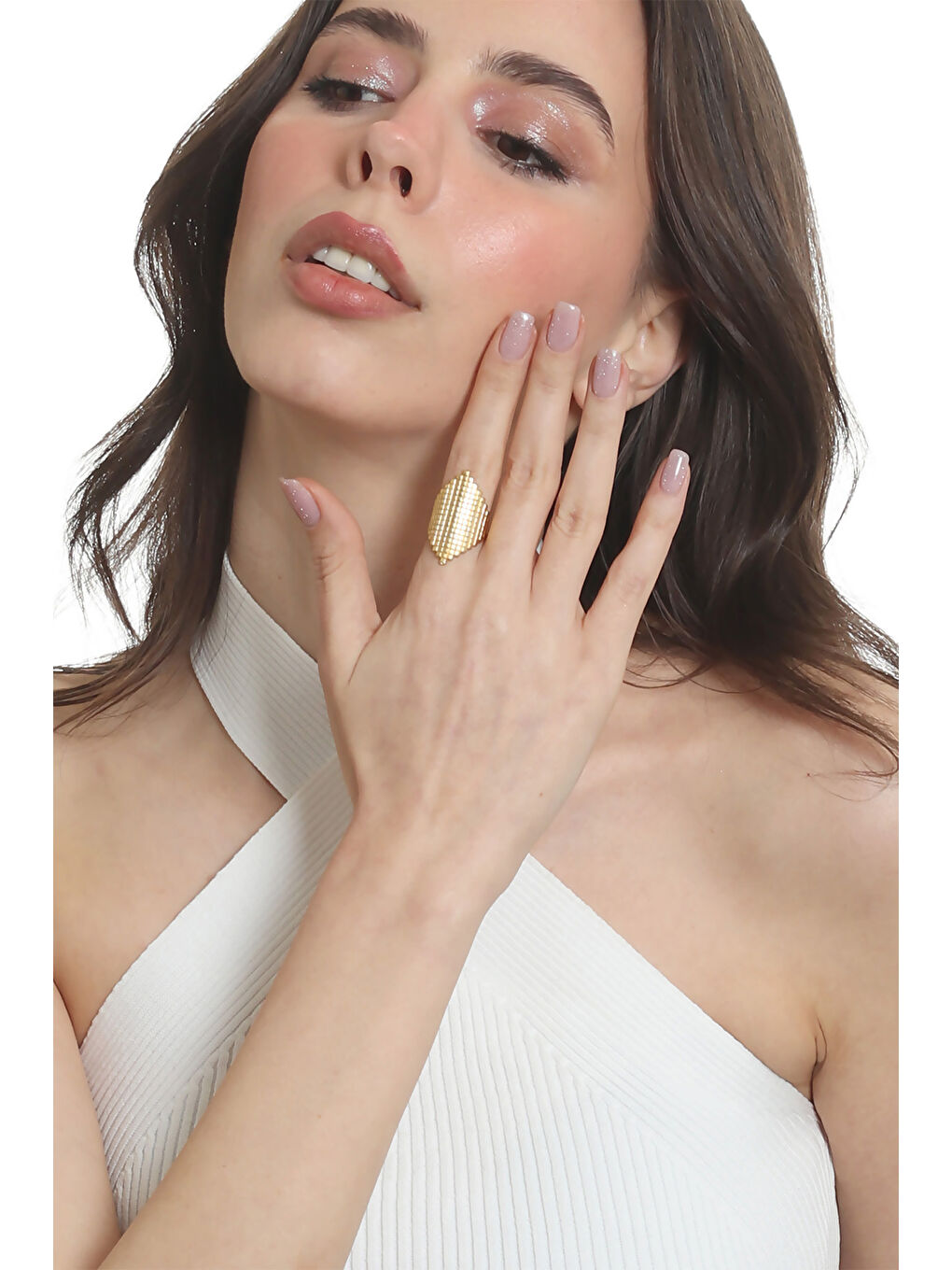 Sarı Kadın Lak Altın Renk Kaplama Ayarlanabilir Geometrik Yüzük-7