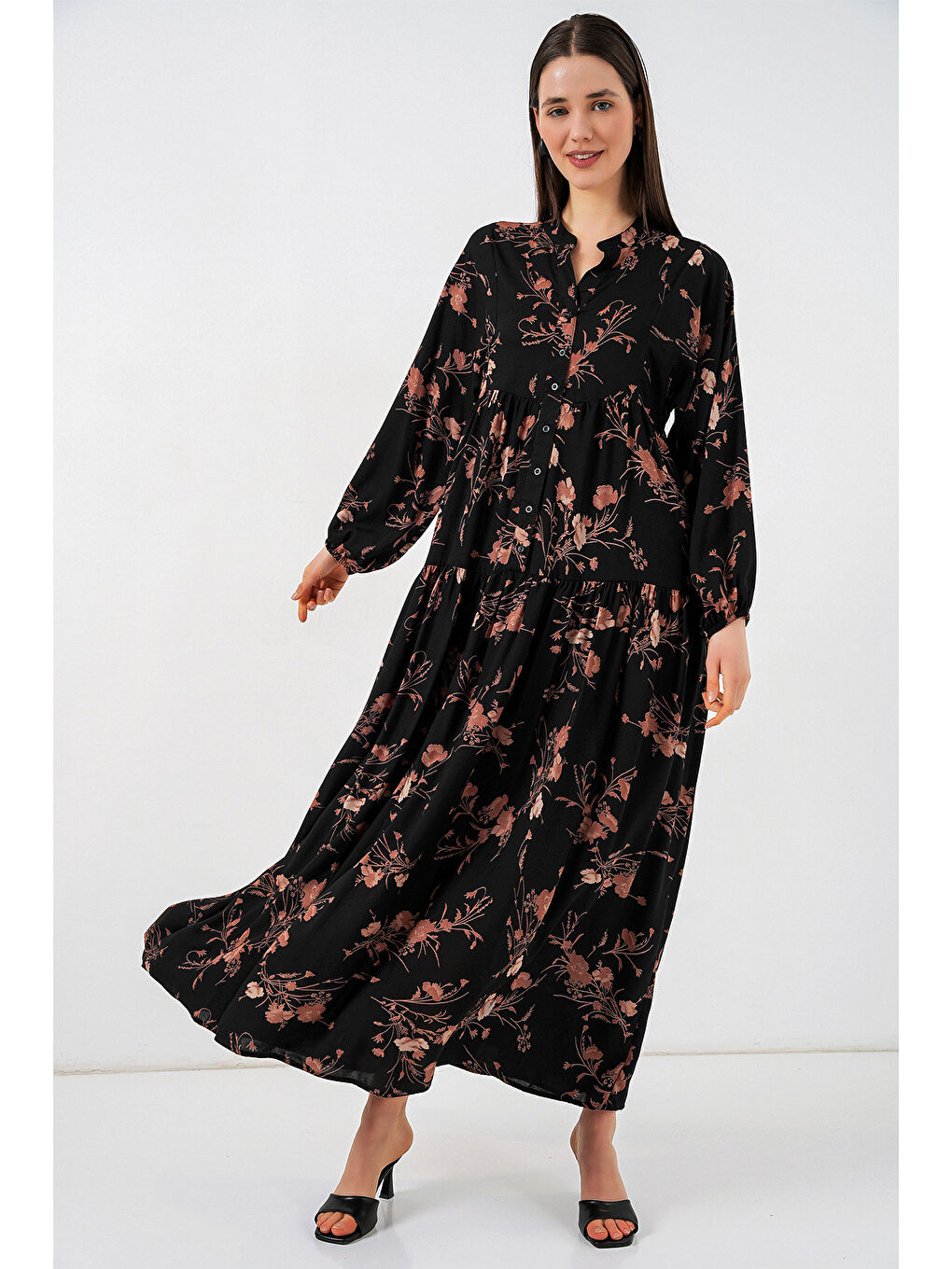 Kadın Desenli Uzun Tesettür Elbise 2585 - B. Siyah-2