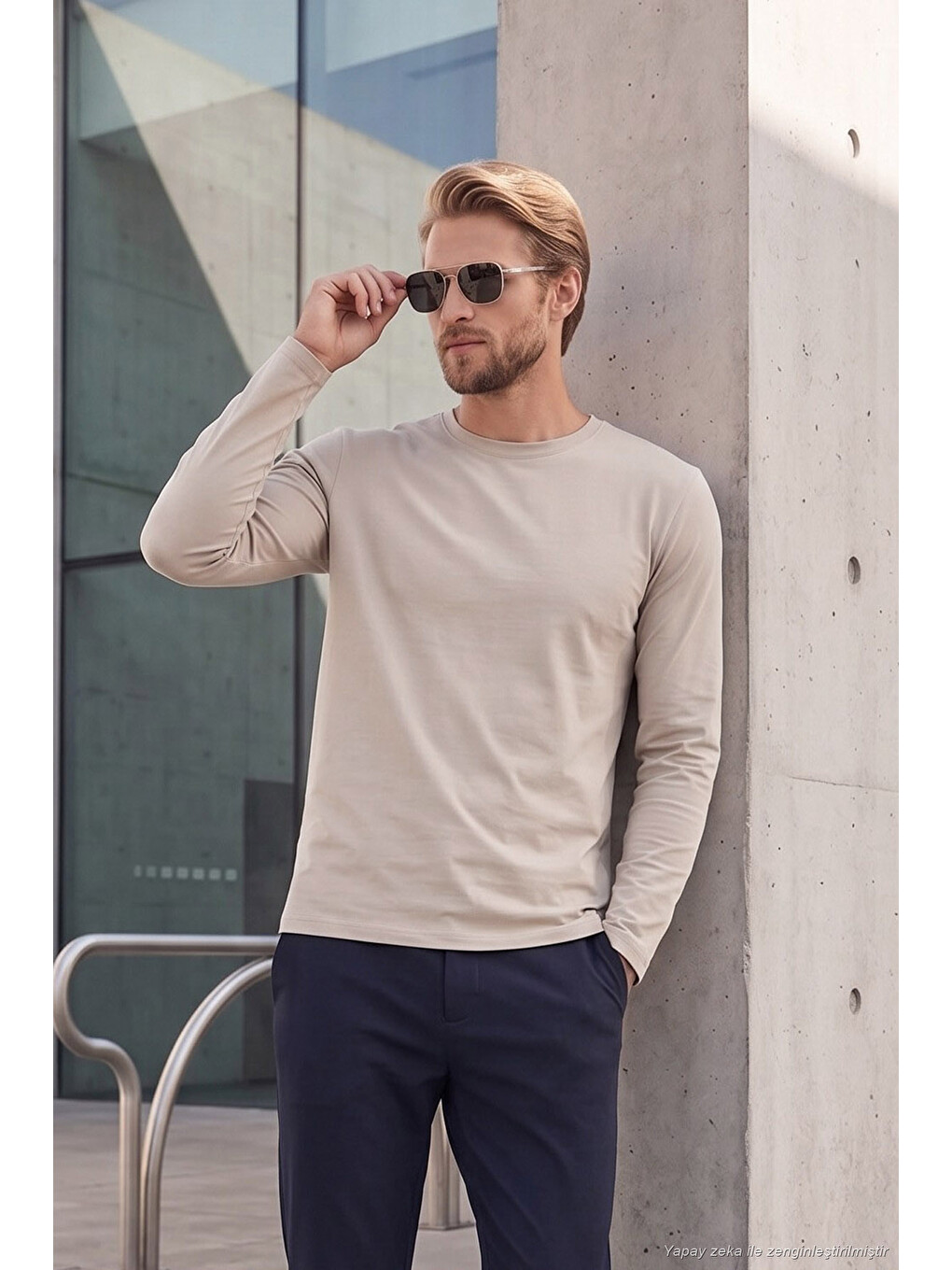 Bej Pamuklu Bisiklet Yaka Basic Sweat 59050742