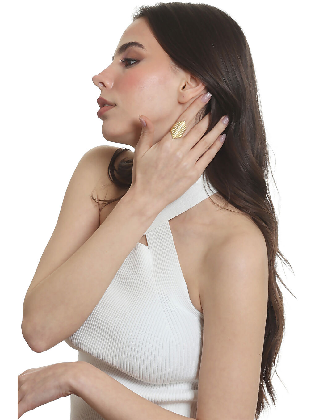 Sarı Kadın Lak Altın Renk Kaplama Ayarlanabilir Geometrik Yüzük-8