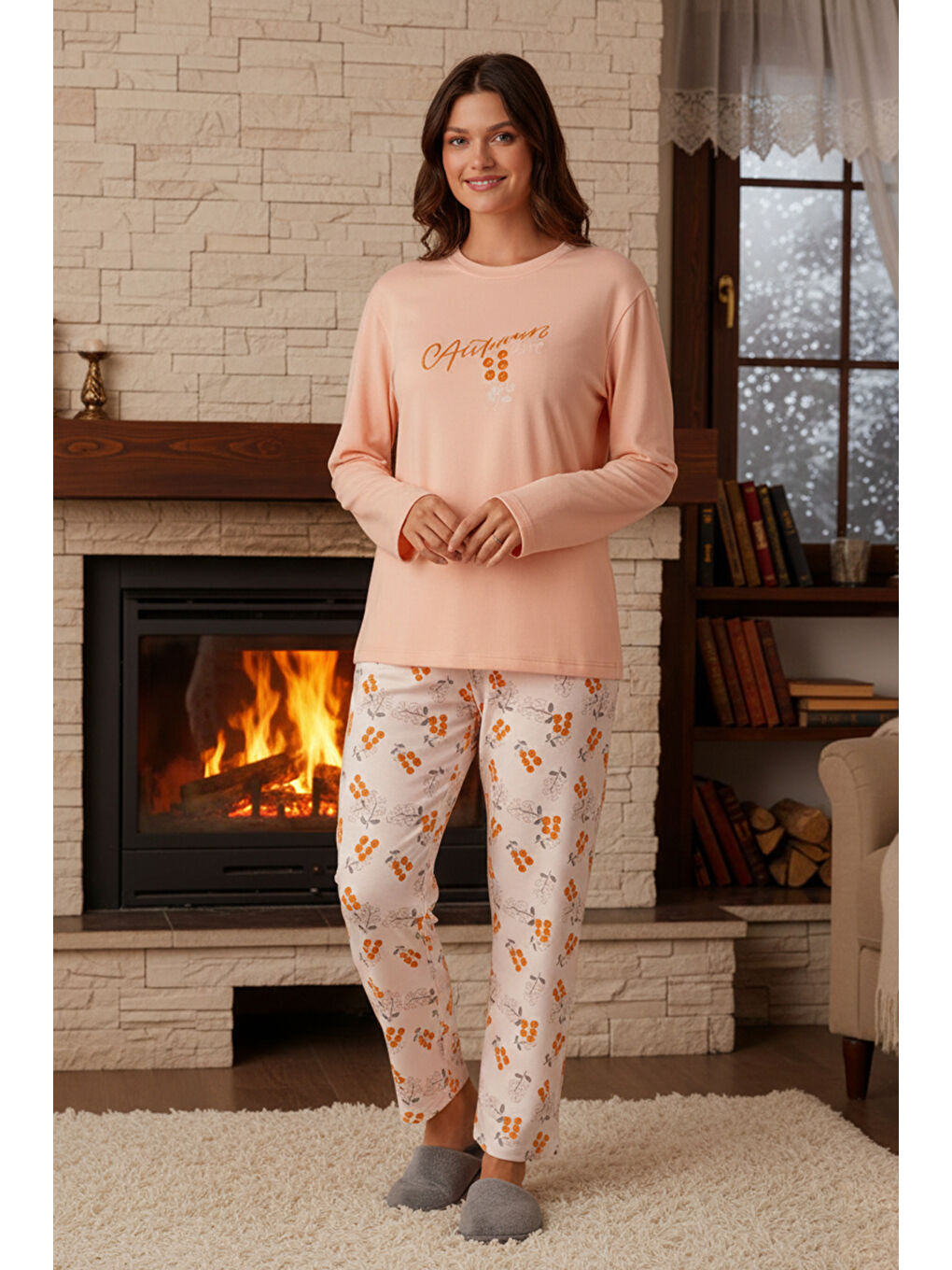 Pembe Kadın Termal Uzun Kol Pijama Takımı 4759 Somon01-1