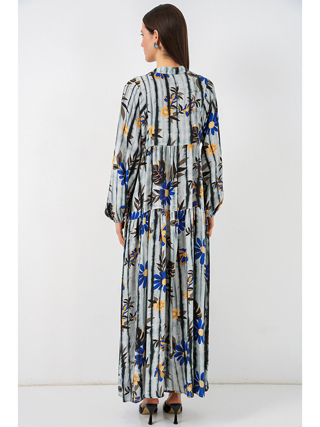 Kadın Desenli Uzun Tesettür Elbise 2585 - Koyu Gri-5