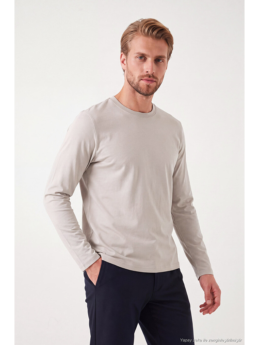 Bej Pamuklu Bisiklet Yaka Basic Sweat 59050742-2
