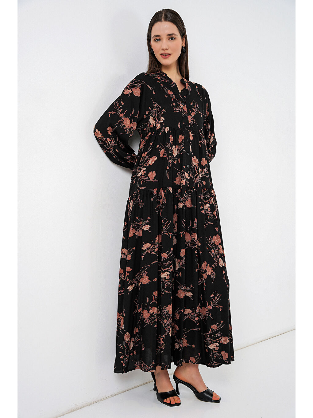 Kadın Desenli Uzun Tesettür Elbise 2585 - B. Siyah-3