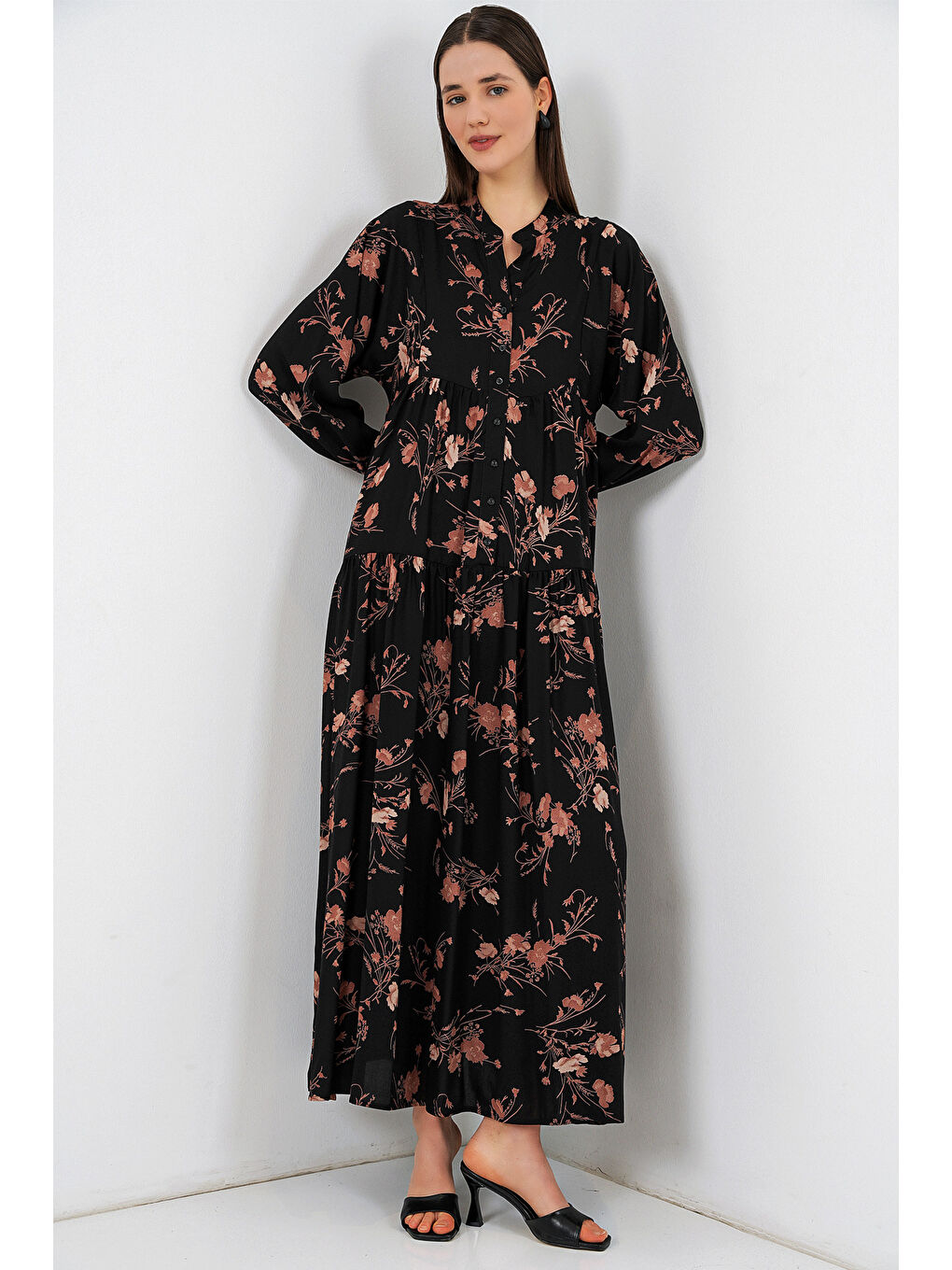 Kadın Desenli Uzun Tesettür Elbise 2585 - B. Siyah-4