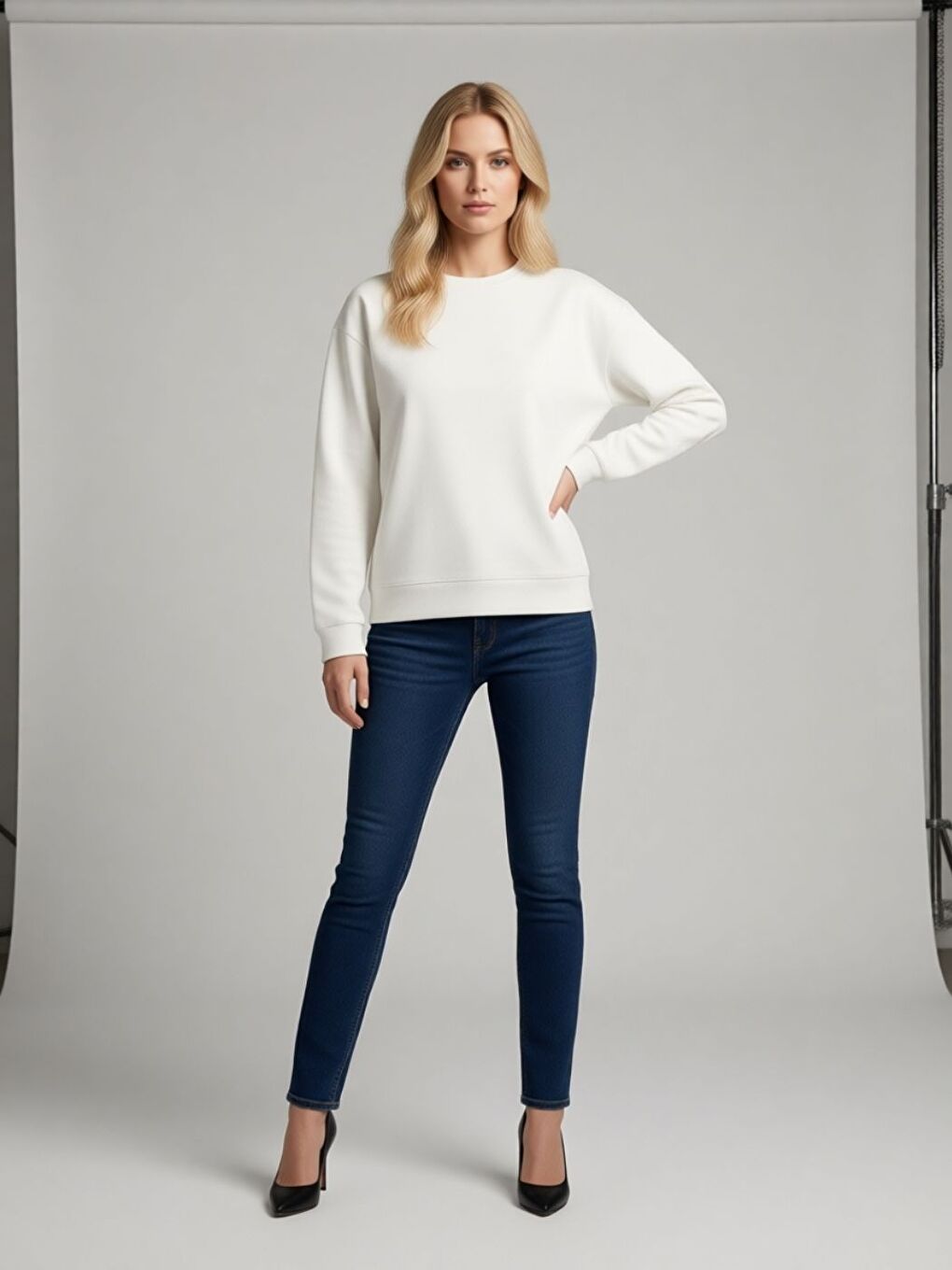 Kadın Beyaz Düz Bisiklet Yaka Sweatshirt