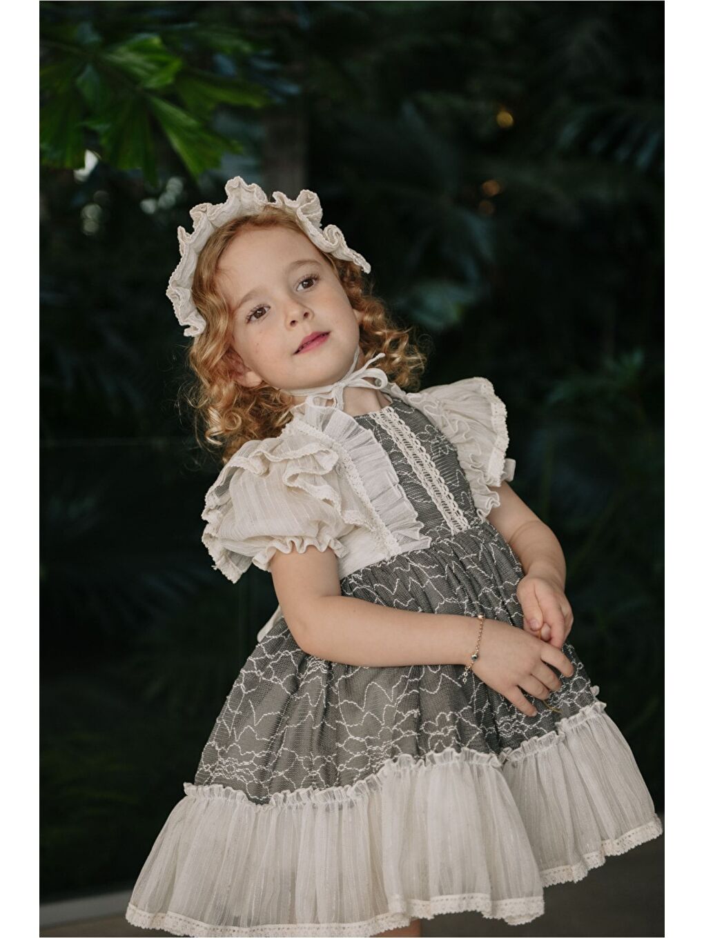 Gri Özel Tasarım Kız Çocuk Vintage Elbise, Saç Aksesuarlı Kız Çocuk Abiye_M2314-1