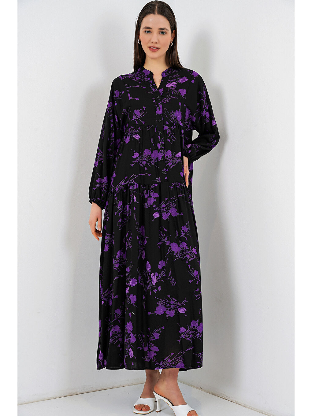 Kadın Desenli Uzun Tesettür Elbise 2585 - E.Siyah-1