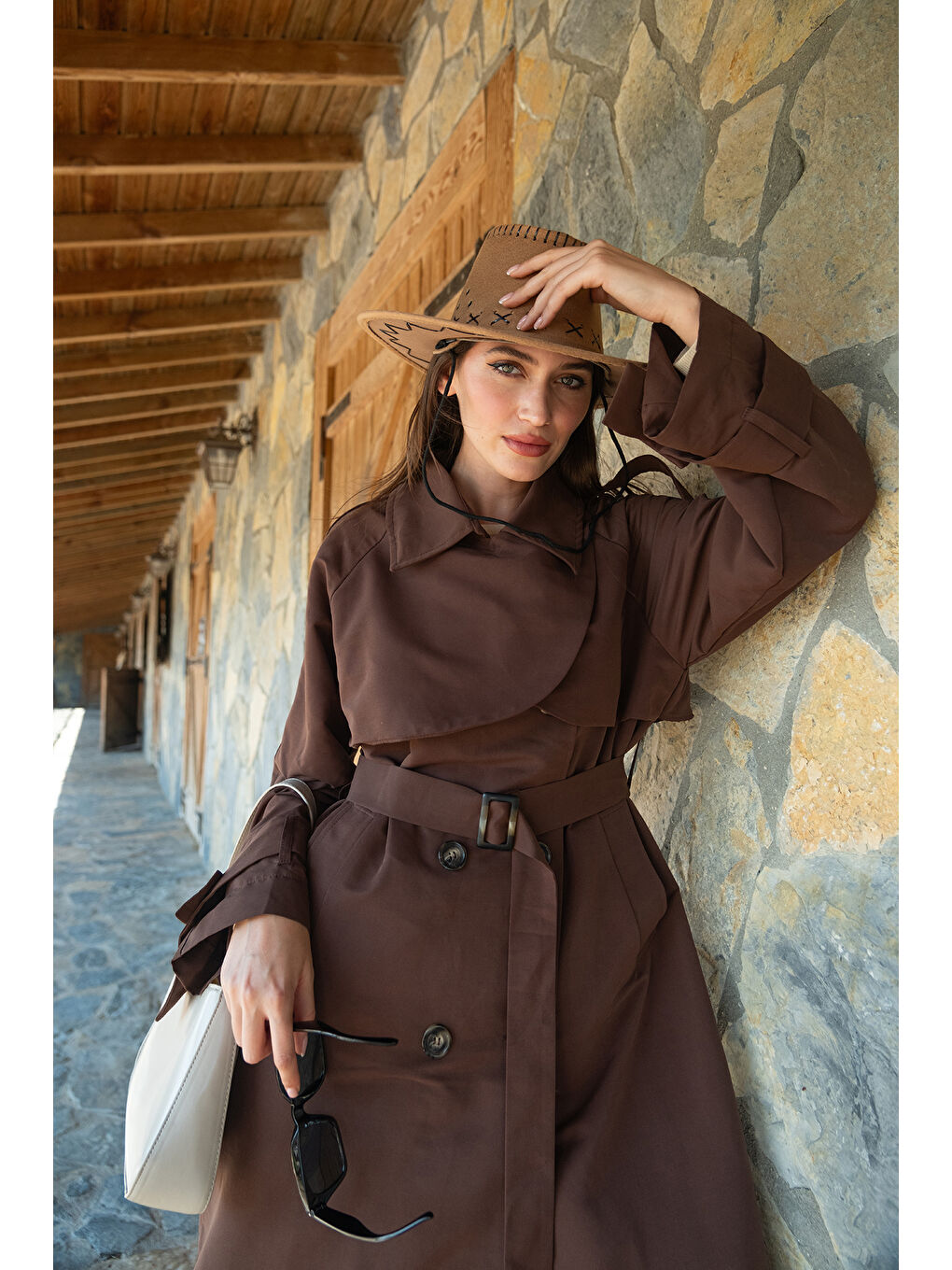Kahverengi Kadın Cep Yaka Trençkot Kahve-4