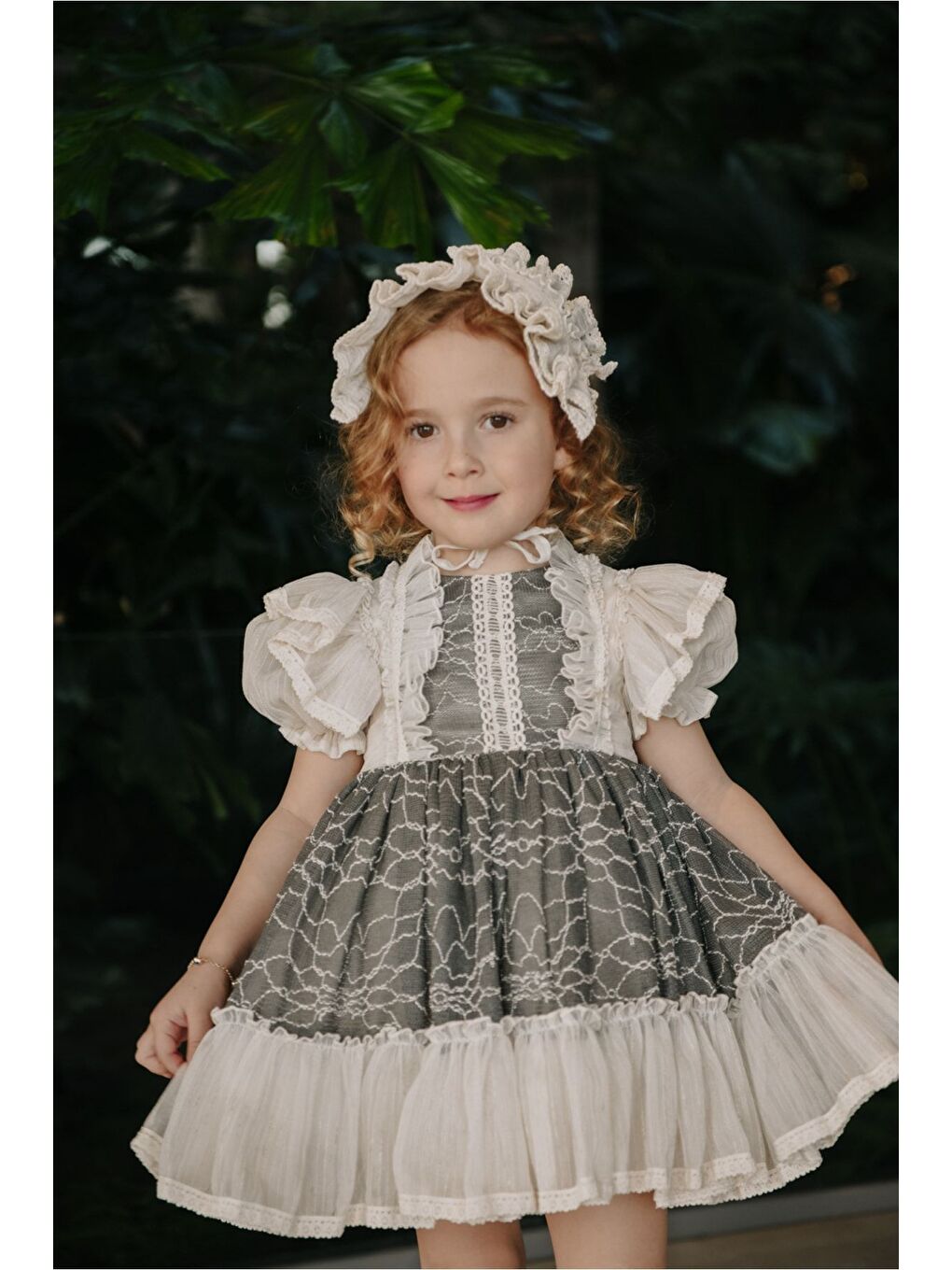 Gri Özel Tasarım Kız Çocuk Vintage Elbise, Saç Aksesuarlı Kız Çocuk Abiye_M2314-3