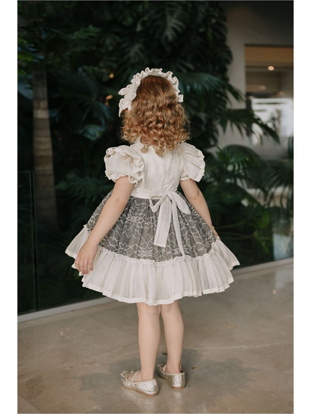 Gri Özel Tasarım Kız Çocuk Vintage Elbise, Saç Aksesuarlı Kız Çocuk Abiye_M2314-4