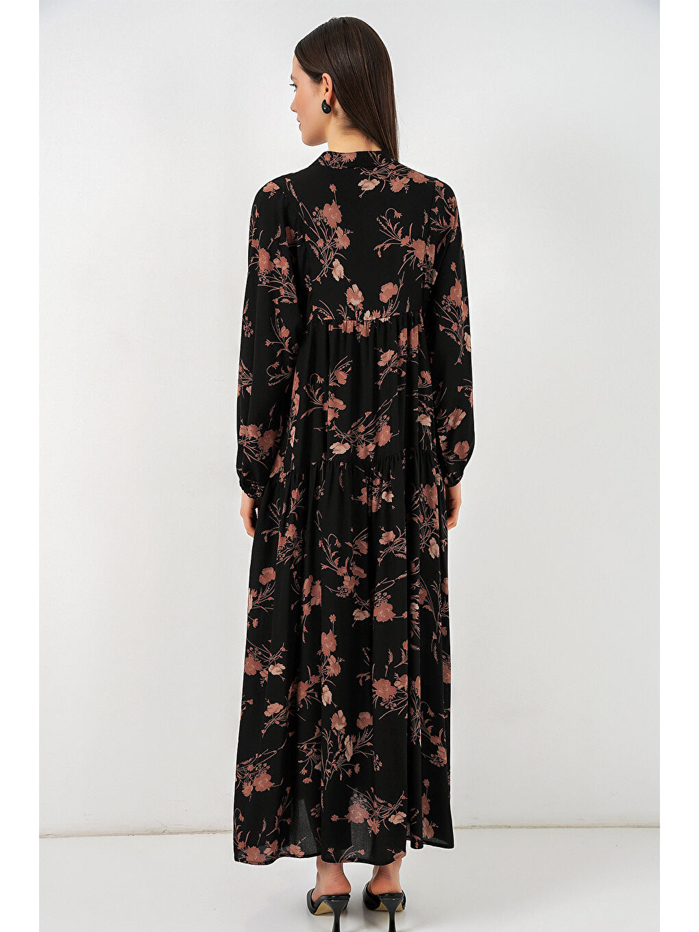 Kadın Desenli Uzun Tesettür Elbise 2585 - B. Siyah-5