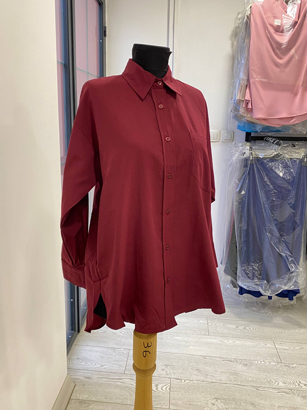 Bordo Oversize Arkası Uzun Önü Kısa Poplin Gömlek-3