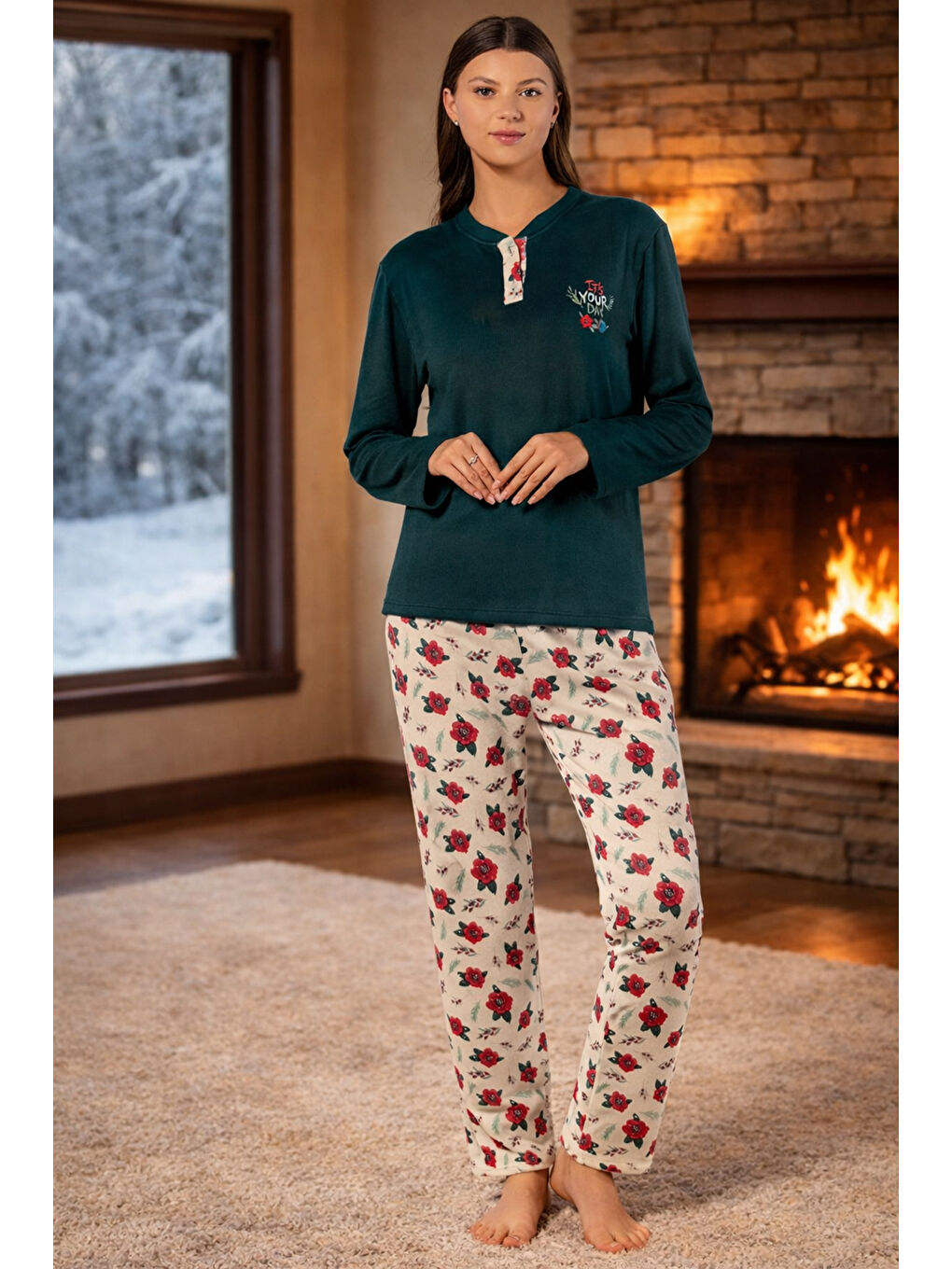 Kadın Termal Uzun Kol Pijama Takımı 4733 Koyu Yeşil-3