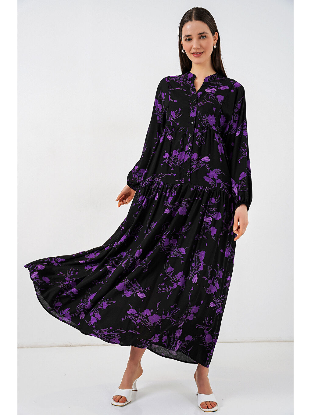 Kadın Desenli Uzun Tesettür Elbise 2585 - E.Siyah-2