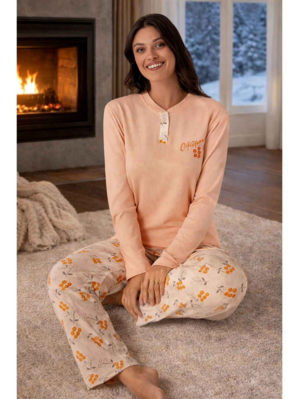 Pembe Kadın Termal Uzun Kol Pijama Takımı 4759 Somon02