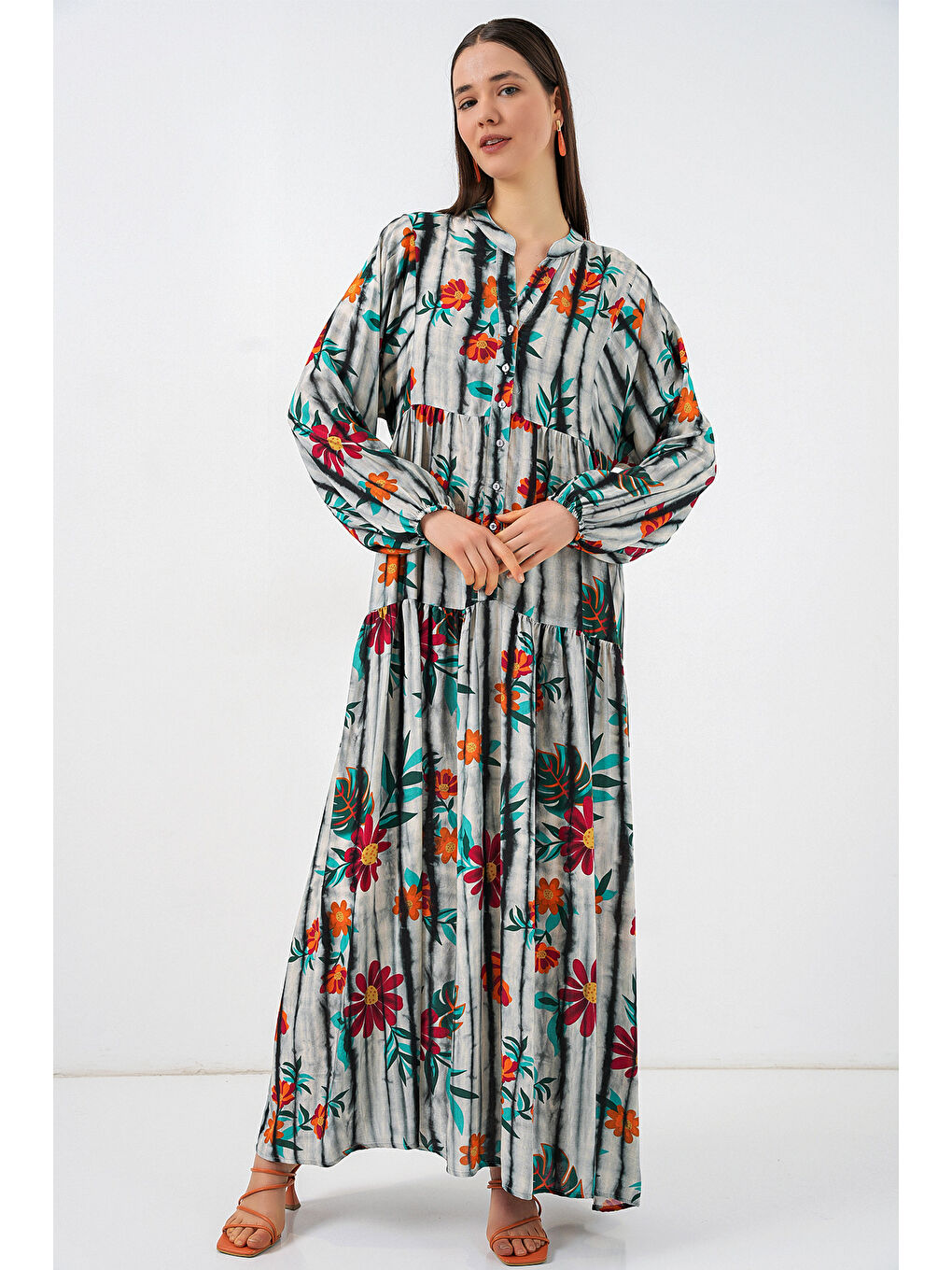 Kadın Desenli Uzun Tesettür Elbise 2585 - K. Antrasit