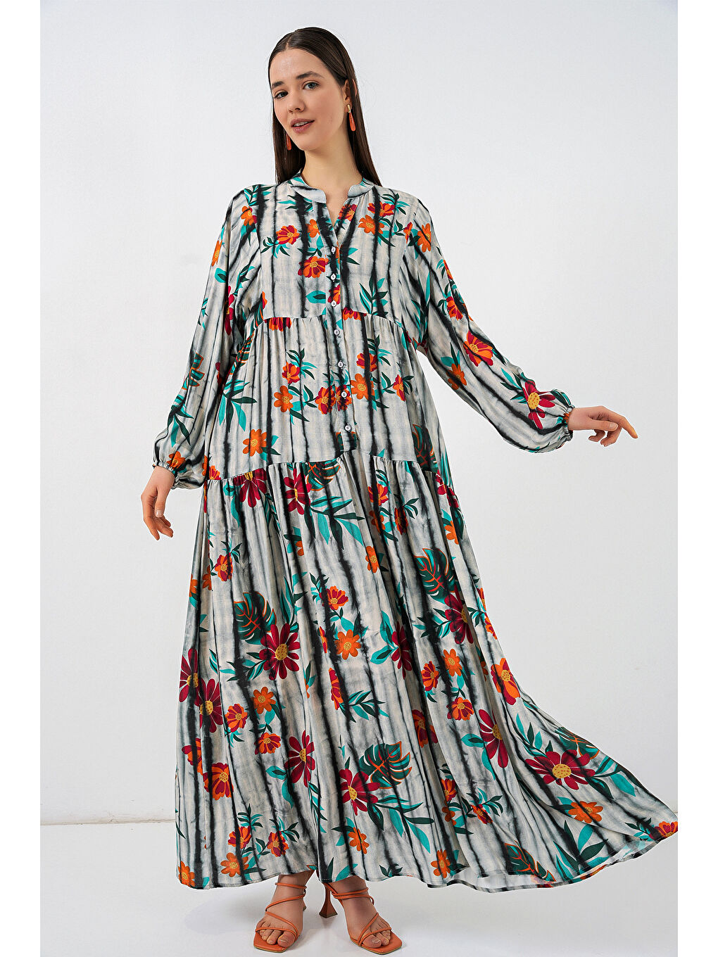 Kadın Desenli Uzun Tesettür Elbise 2585 - K. Antrasit-2